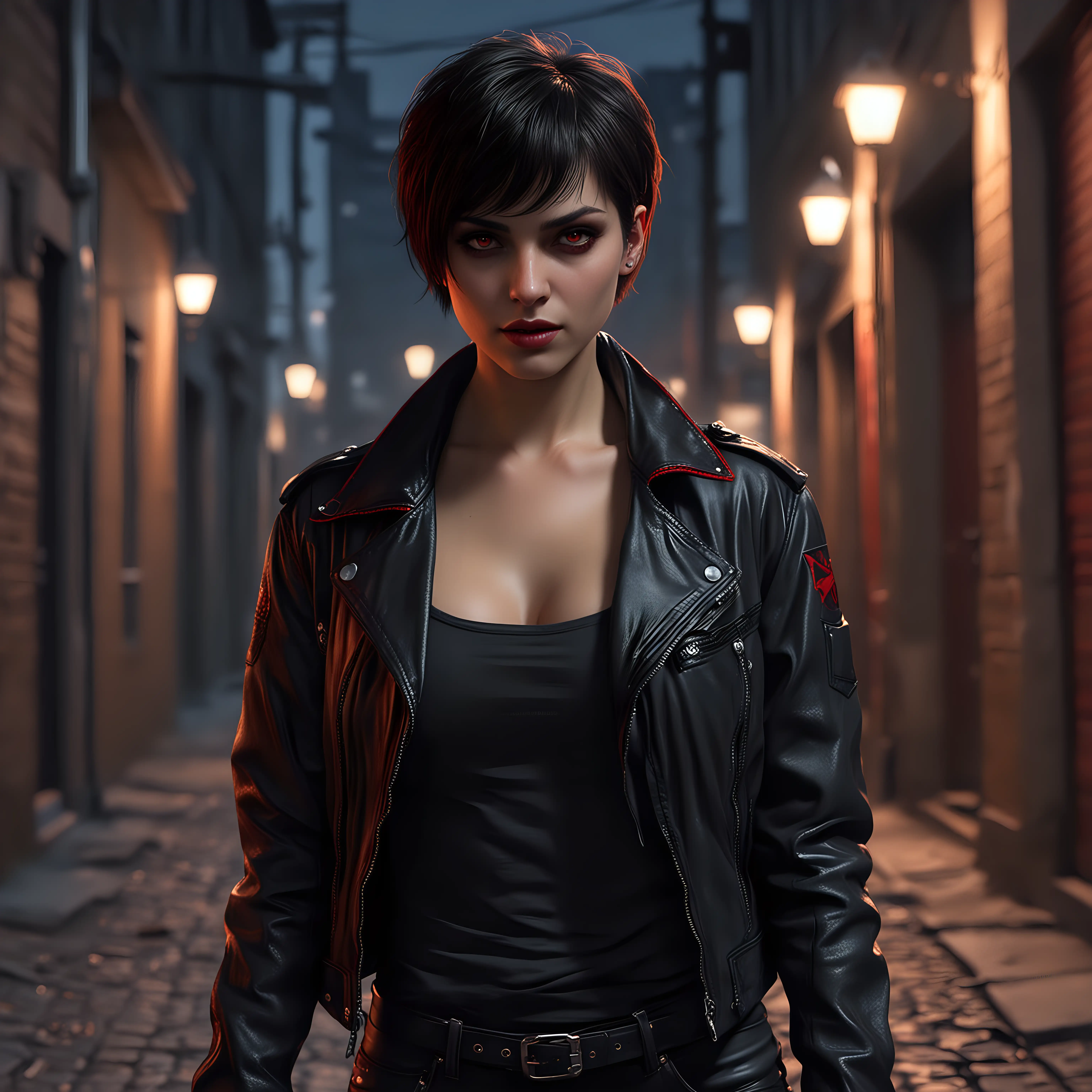 A female Toreador vampire, enforcer, short hair, red glowing eyes, casual clothing, wearing a jacket, walking on an alley at night, realistic