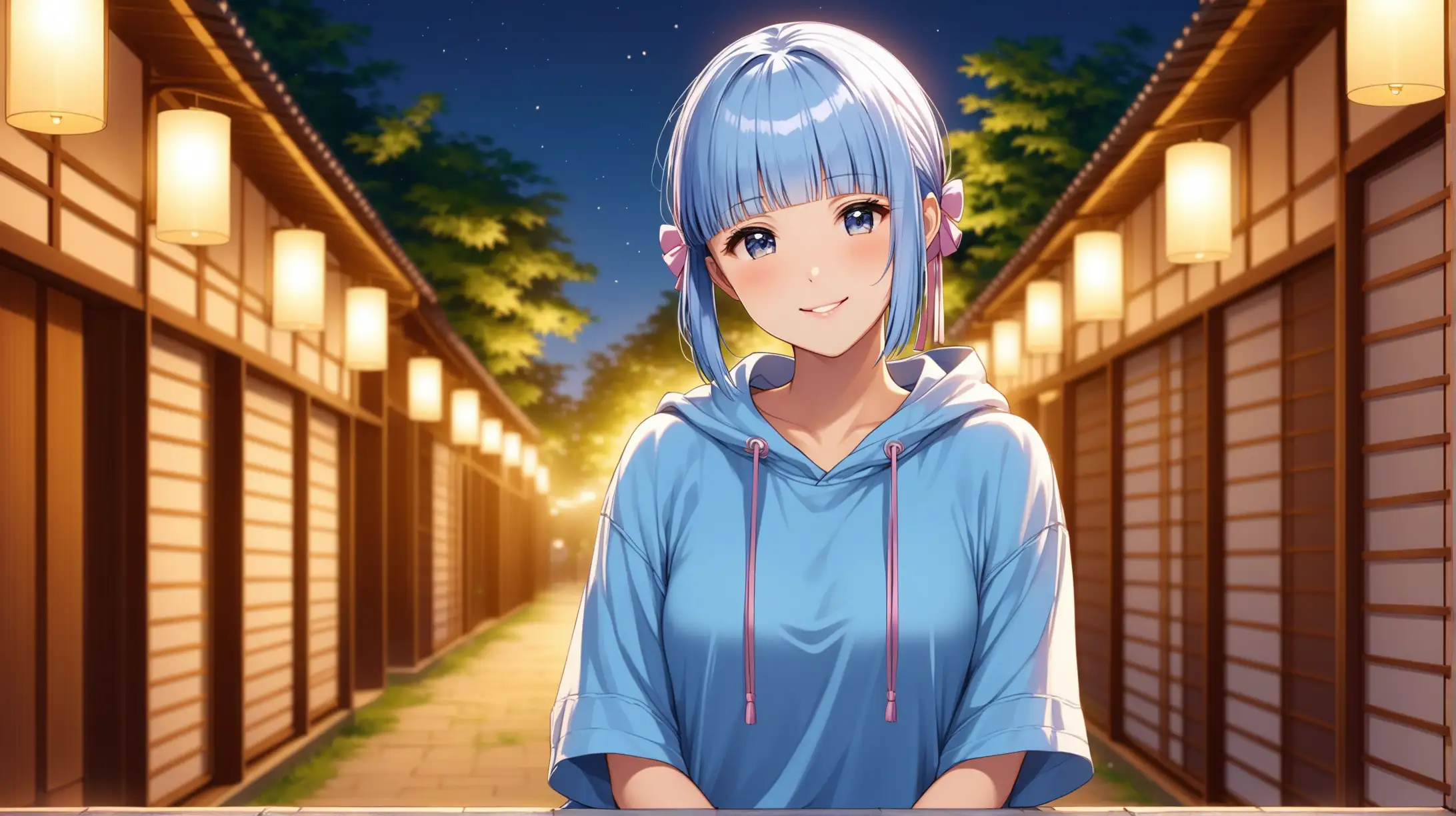 Draw the character Ayaka Kamisato, high quality, long shot, ambient lighting, relaxed pose, outdoors, wearing casual clothing, smiling at the viewer