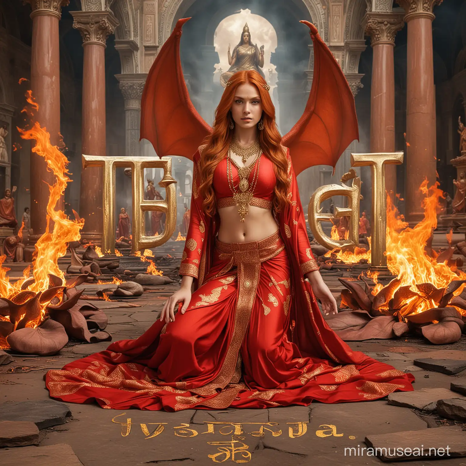 Empress Goddess Vishnu Karma Powerful Hindu Deity Surrounded by Fire and Dragons