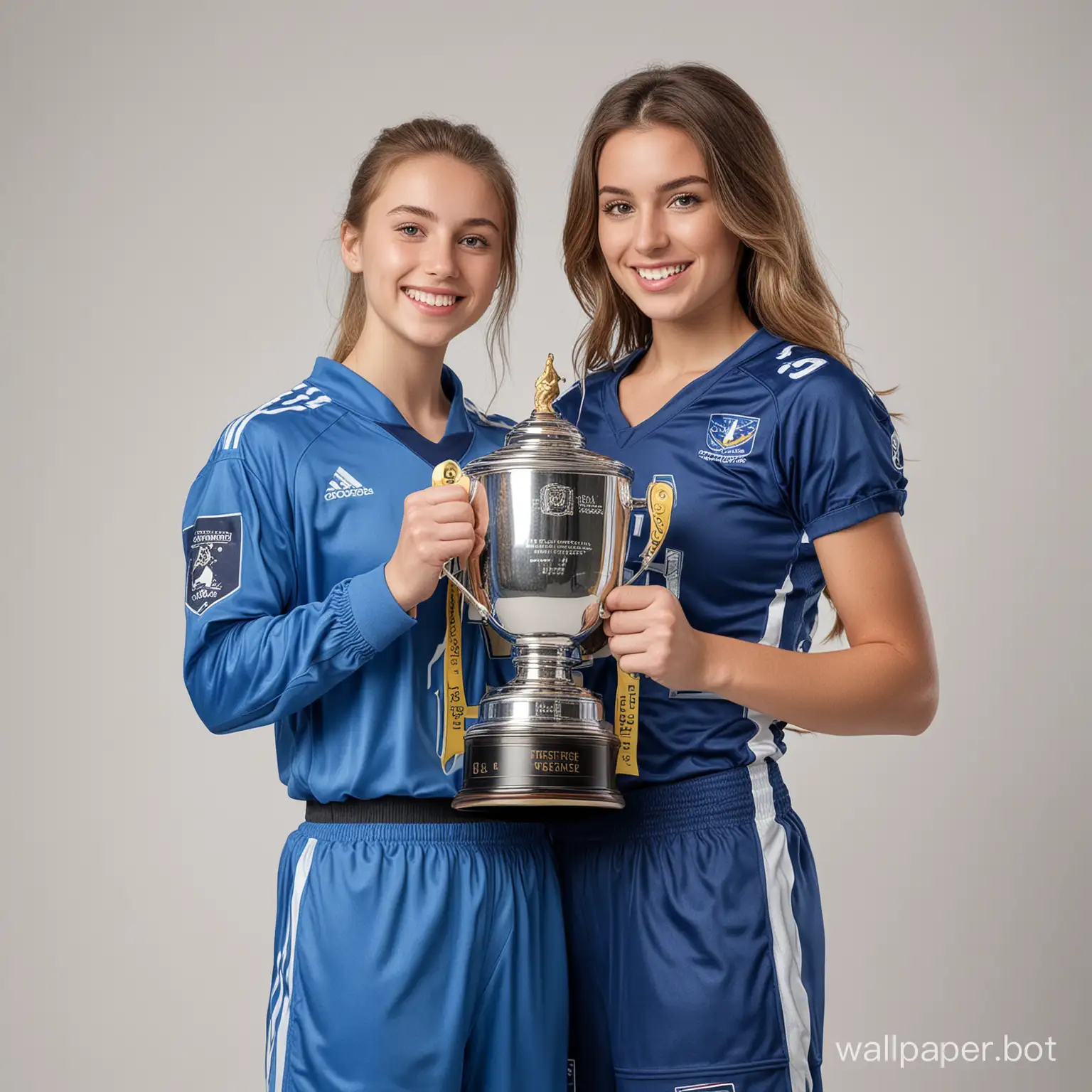 A 23-year-old football player in a blue uniform and a 26-year-old girl in a blue uniform hold a huge winner's cup against a white background.