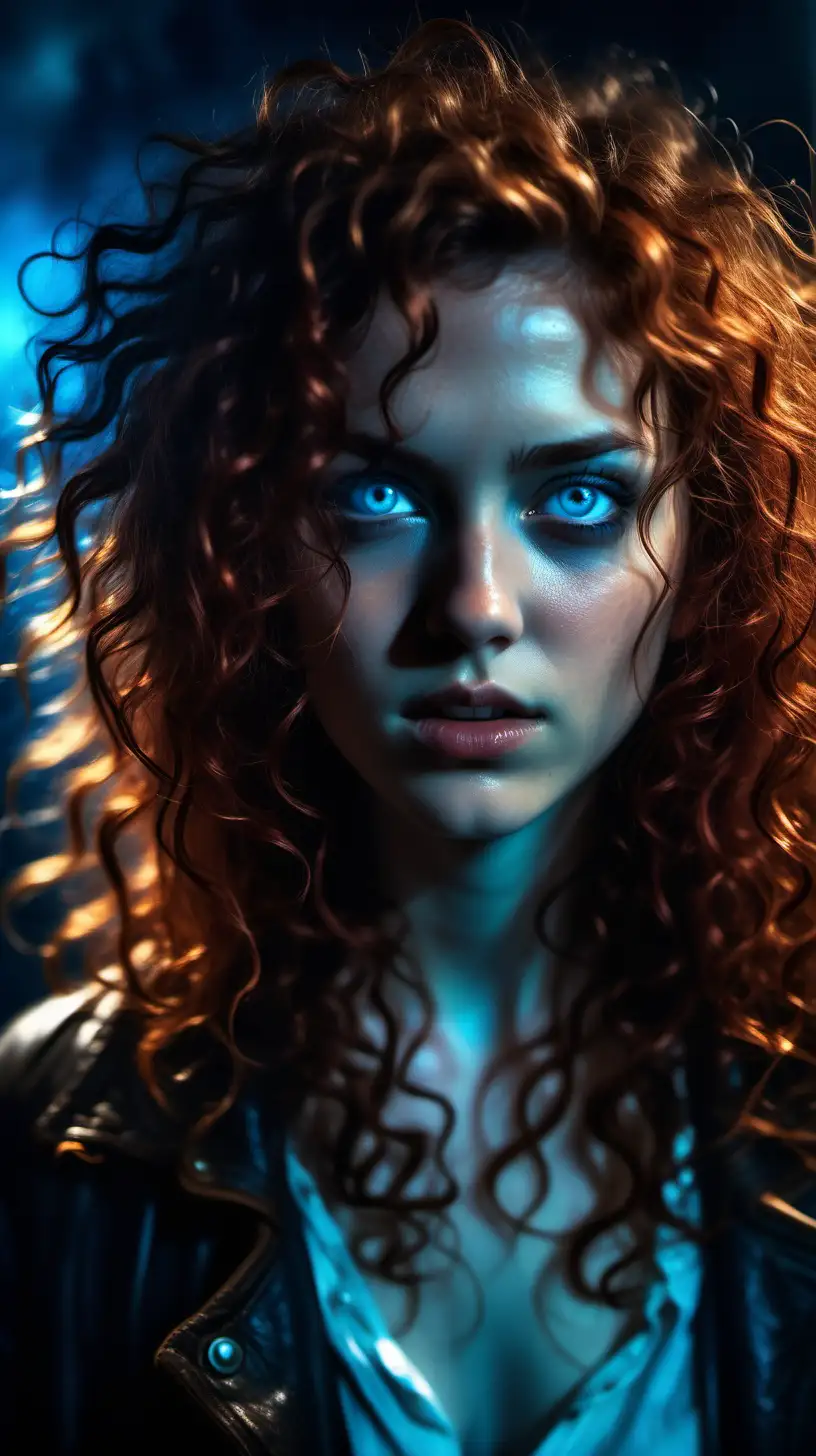 a girl with wild messy curly reddish-brown hair contrasting with the pulsating blue background light. Mystery envelops her like a fog, and her face is partially hidden in the semi-darkness. Her amber eyes illuminated and darkened in sync with the pulsing light, creating an almost hypnotic effect that seems alluring. she wears a leather jerkin