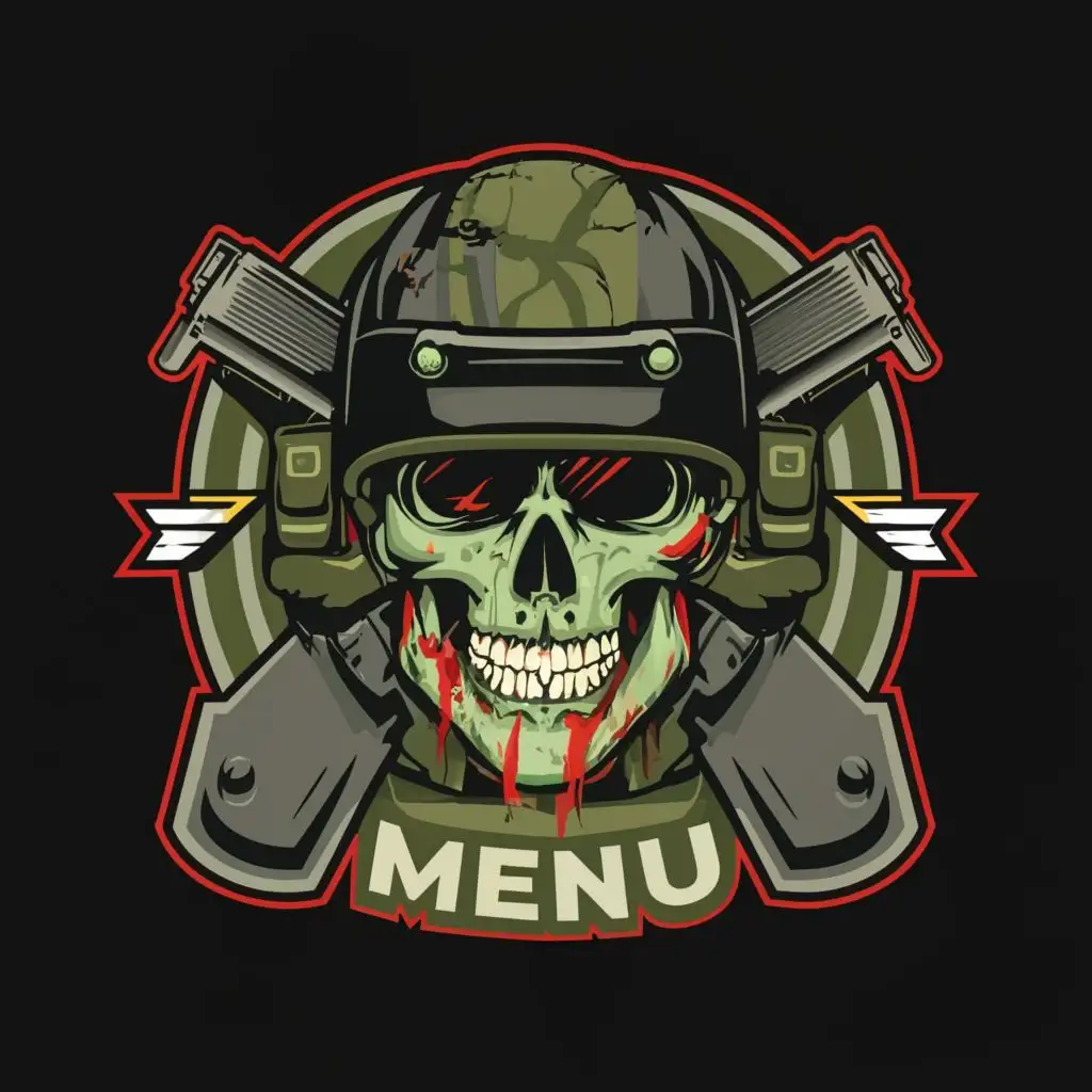 logo, Zombie, military, with the text "Menu", typography