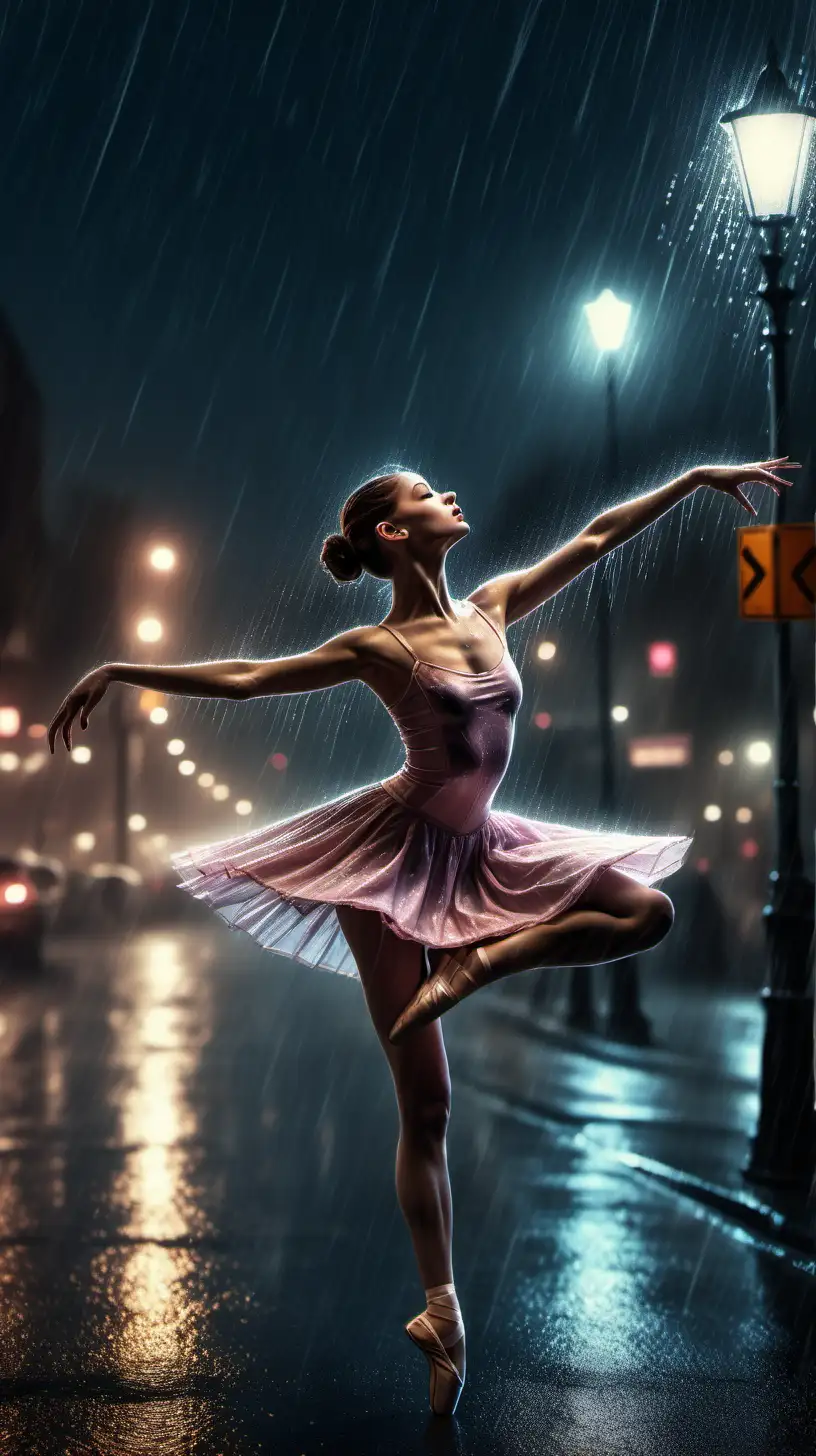 A ballerina dancing in the rain at night on a street Light Lit road extreme detailed digital art dramatic lighting.