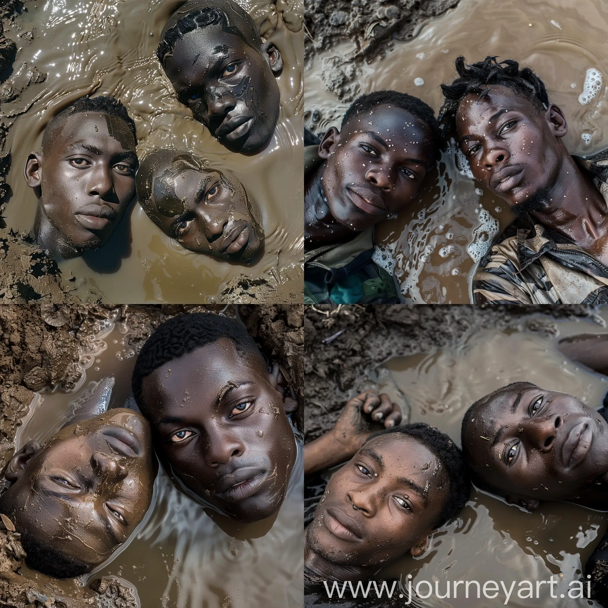 Realistic upclose photograph of 2 young african men lying in a shallow muddy water pond