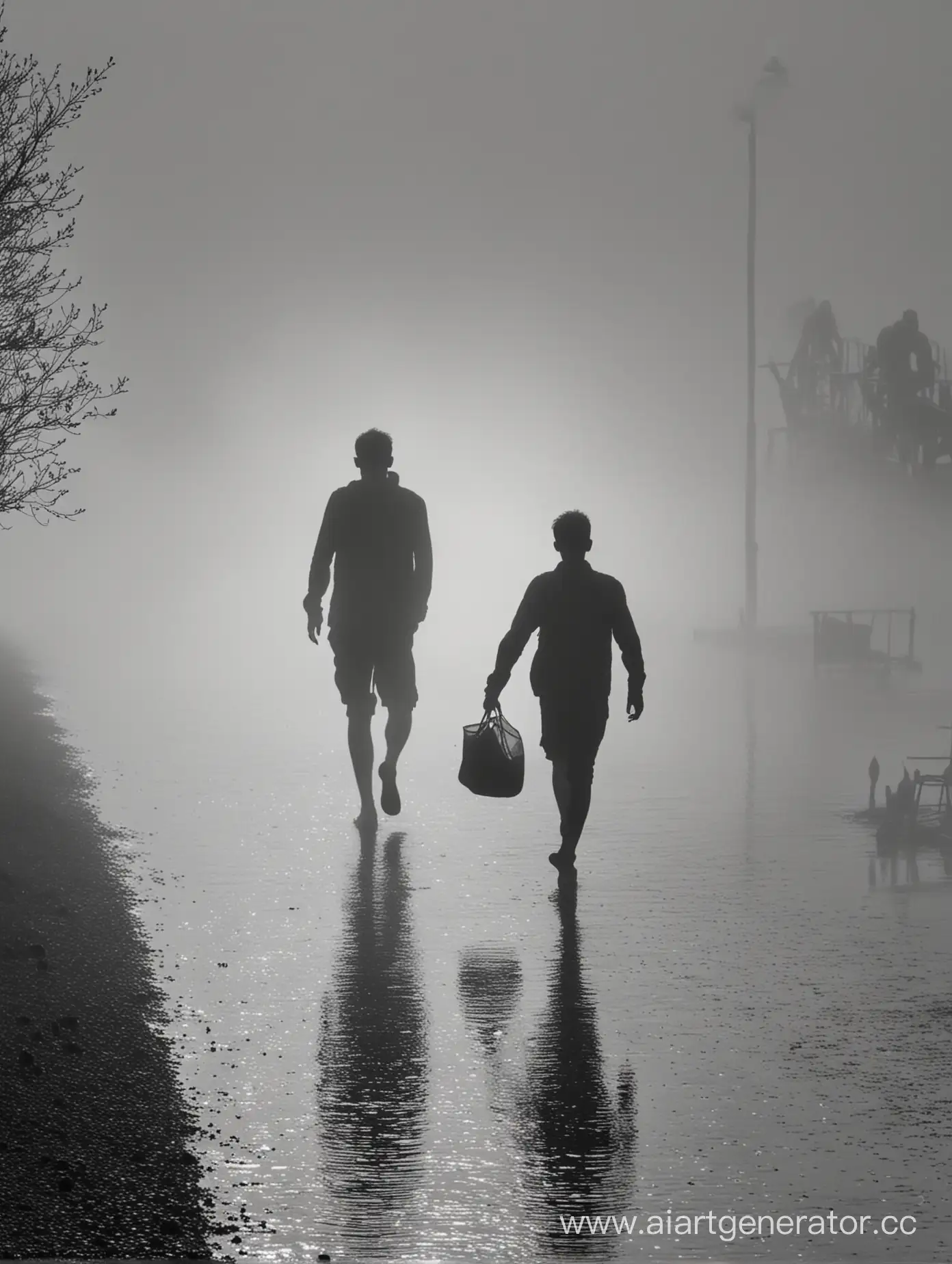 Silhouette-of-Man-and-Boy-Emerging-from-Mist-on-Embankment