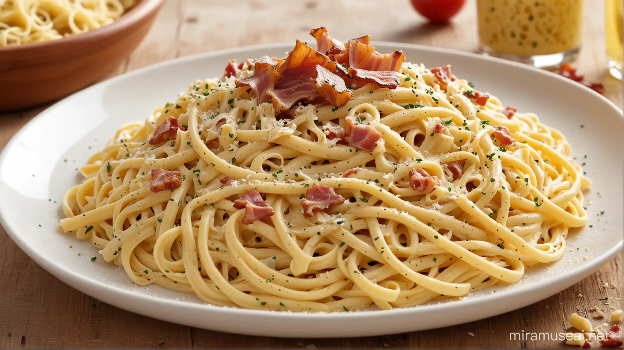 Italian Pasta Carbonara: Al dente spaghetti with a rich cream cheese sauce and bacon bits, appetizing with its creamy taste and generous texture.