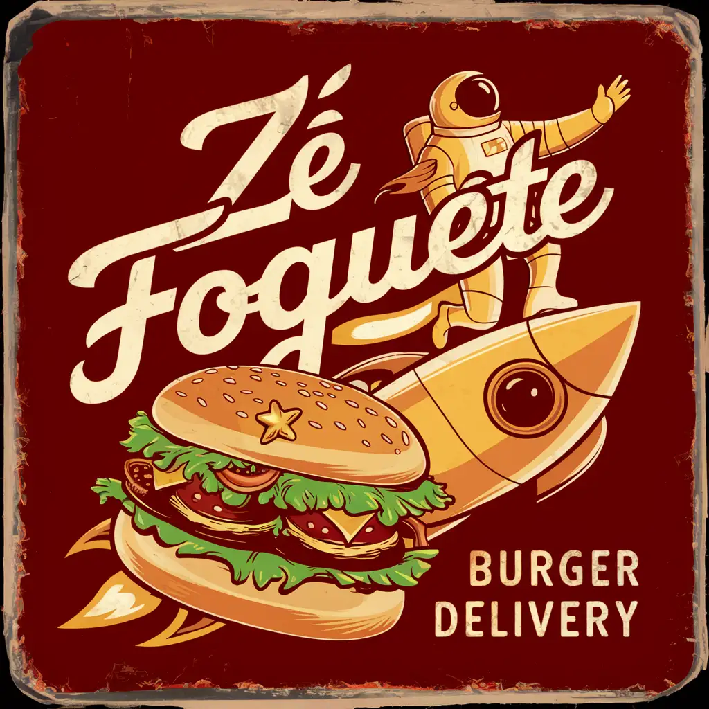 Create a logo for a Burger Delivery: "Zé Foguete". It is a burger shop and delivery. The style should be a 40s enamel sign with astronaut on a rocket