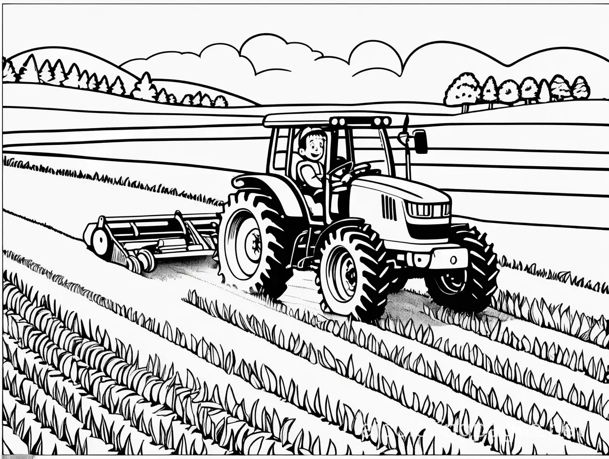 A tractor plowing the fields, preparing the soil for planting crops, Coloring Page, black and white, line art, white background, Simplicity, Ample White Space. The background of the coloring page is plain white to make it easy for young children to color within the lines. The outlines of all the subjects are easy to distinguish, making it simple for kids to color without too much difficulty