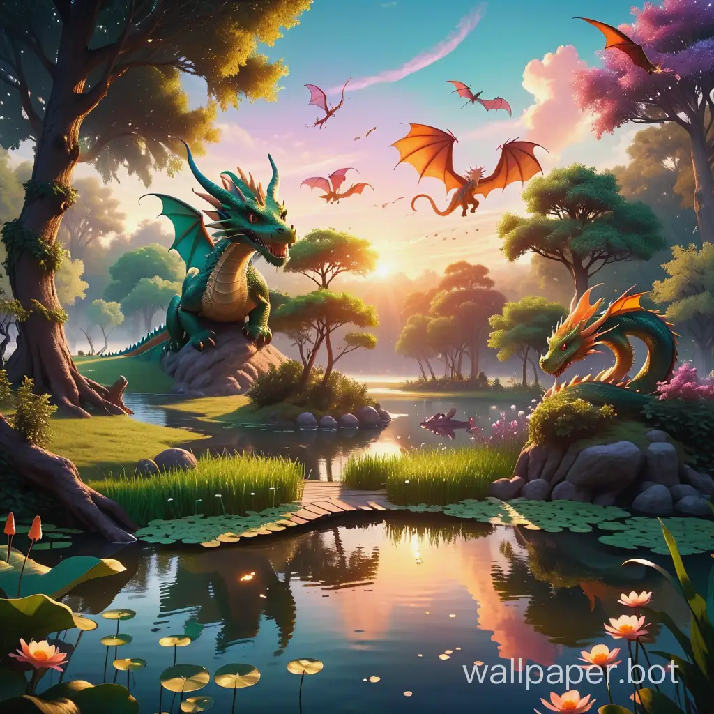 a magical landscape in the middle of a forest with a pond, dragons flying in the sky and small creatures hidden in the bushes, sunset light