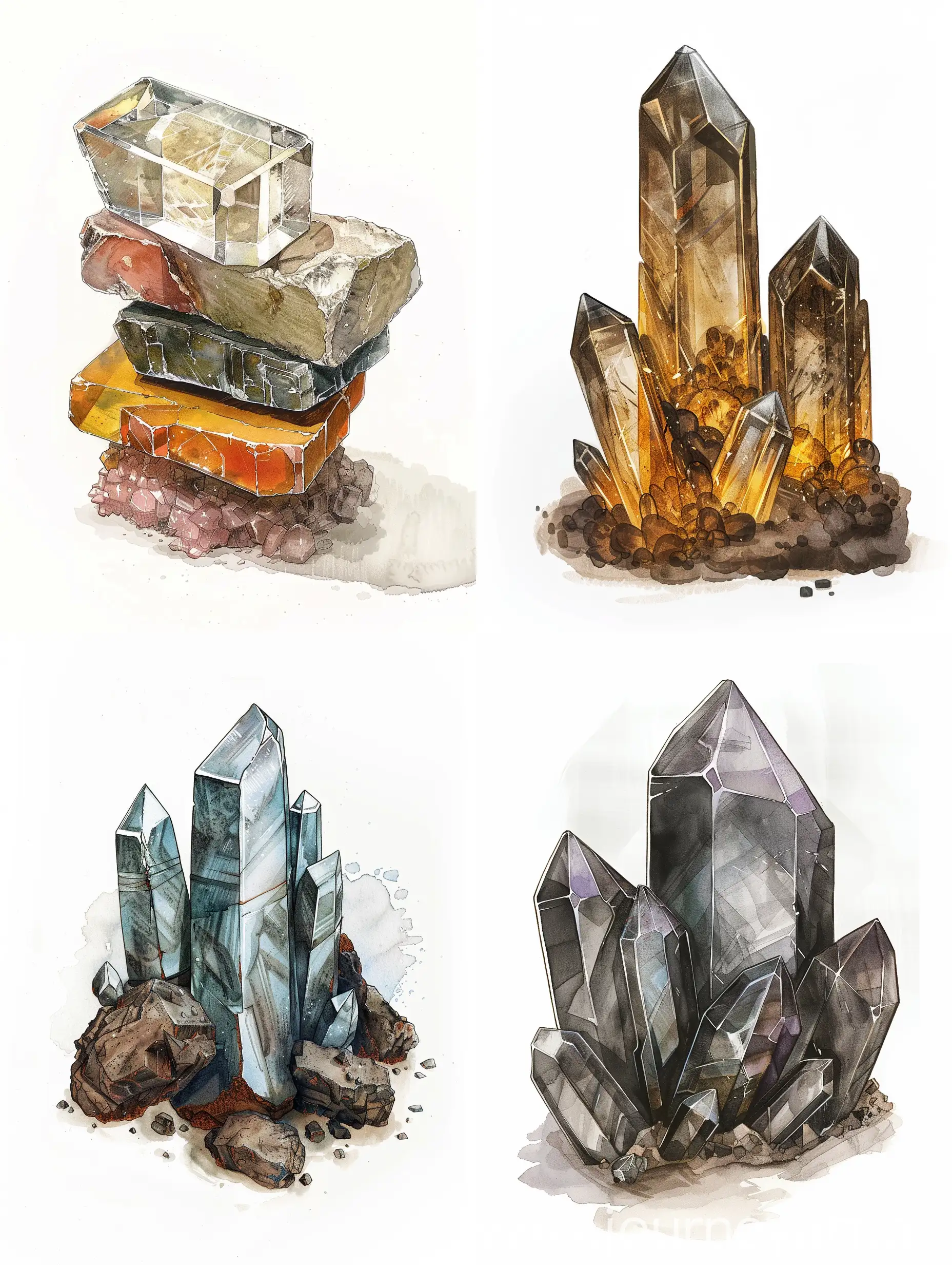 Antique small crystal stack, on a white background, illustration, Arthur Wrexham style