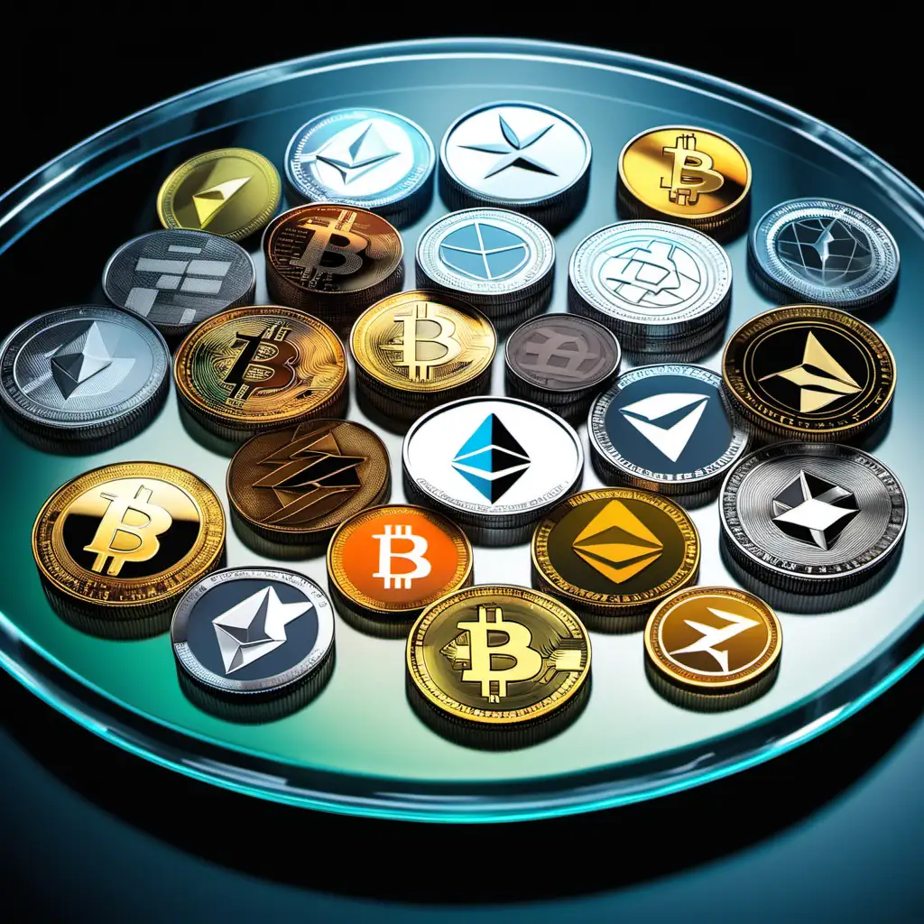 viele verschiedene Kryptowährungen liegen auf einem haufen auf einem Glastisch