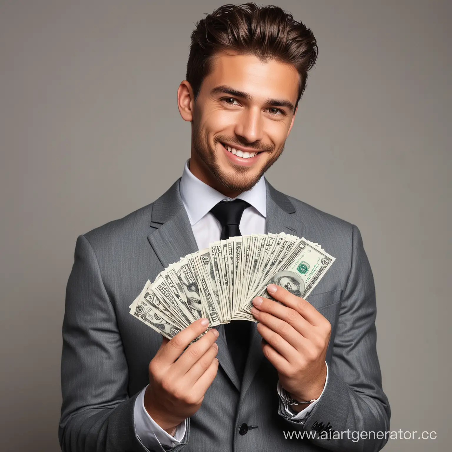 Successful-Young-Businessman-Smiling-with-Bundle-of-Dollars