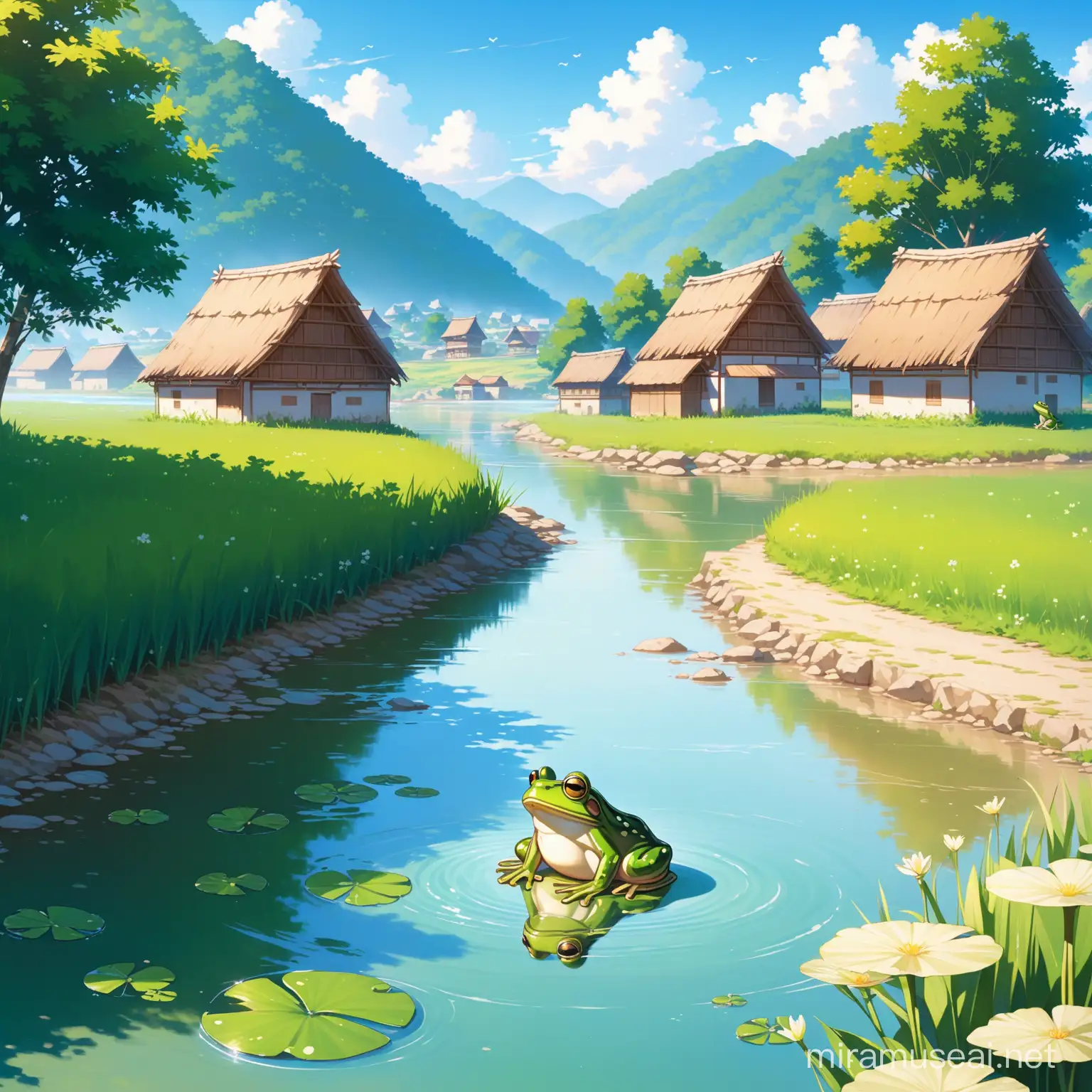 a frog sitting beside a village river, peaceful daylight 