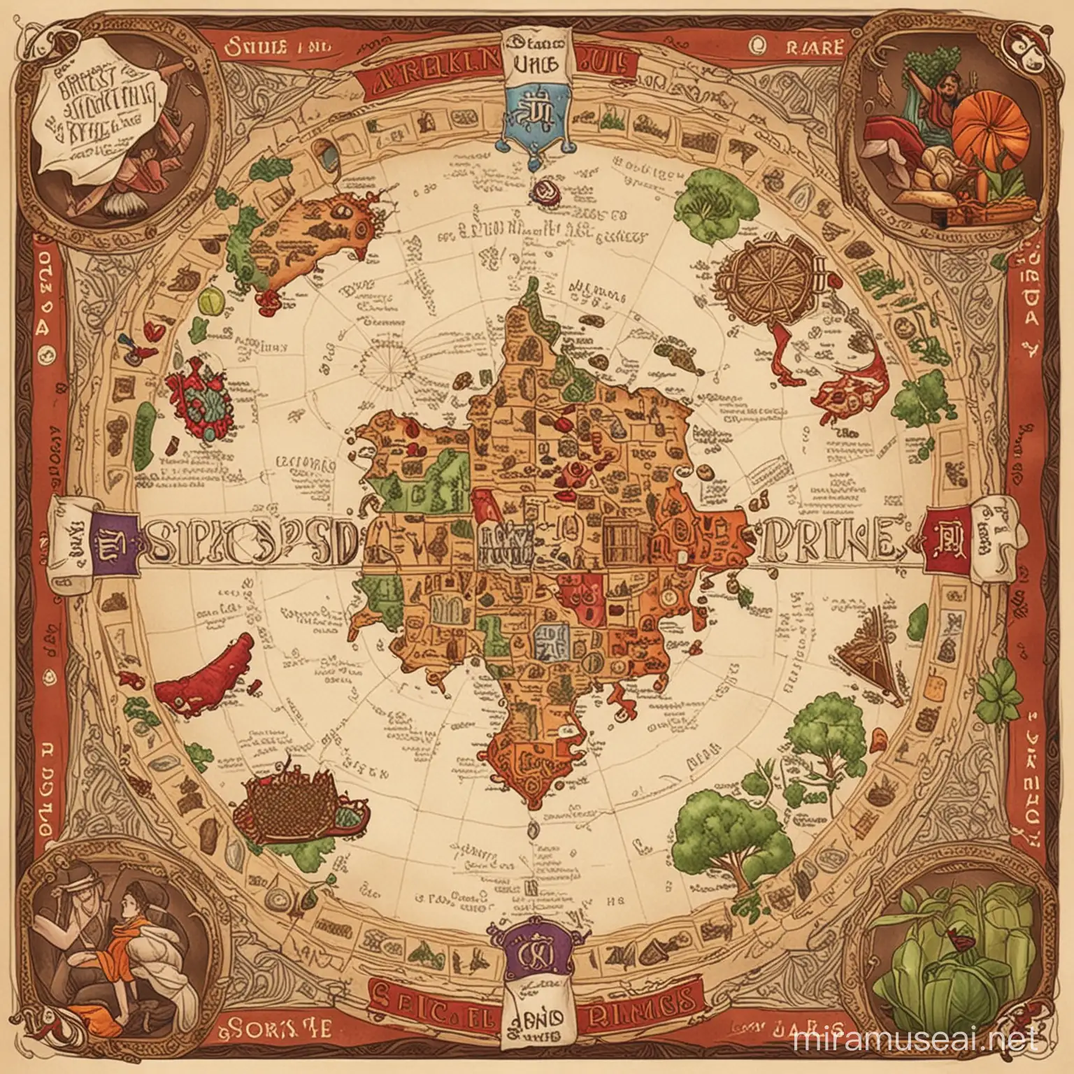 Make this illustration into a board game with four different markets for spice trade game board