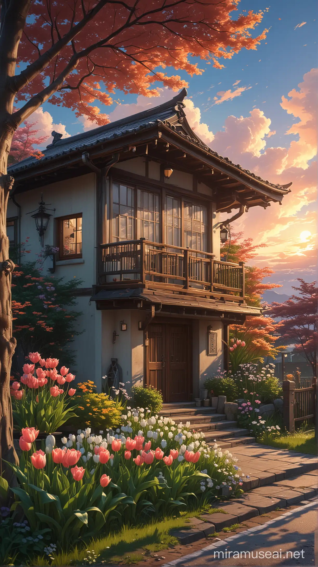 Evening time, Japanese house with porch light, few clouds, detailed sky, sunset, in a forest, gate around house, tulip flowers around house, ultra detailed, high resolution, best composition, illustration, acrylic palette knife, makoto shinkai style, Codex_401 style, mystical, Mystica_meta style, ghibli vibes, ultra detailed, render, stable diffusion, trending pixiv fanbox, --ar MJ V 6.0 , photo view from eye sight.