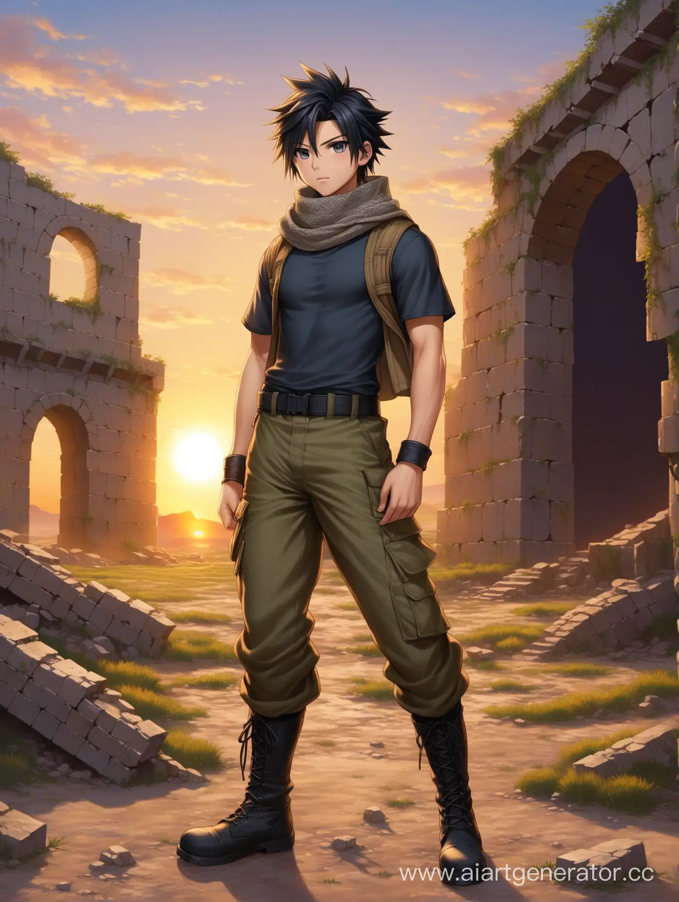 Youngster in realistic style similar to Cloud Strife, grey eyes, short black hair. Full 175 cm body image, slim figure, a bit muscular. Wearing combat boots, olive field trousers, darkblue t-shirt, tan ACU fieldjacket, grey arab scarf. Stands in fantasy ruins at the sunset.