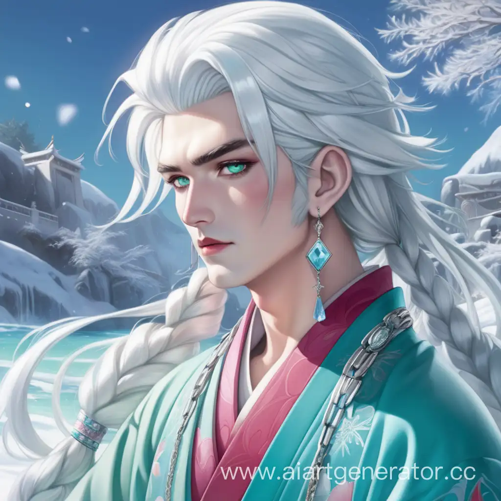 Snow-white hair with a light blue streak on the left. Ice-colored eyes, pink-red lips, long snow-white eyelashes, a sea-green kimono dress, a man with a slender build, a silver chain with aquamarine in the middle, a silver and long earring in his left ear