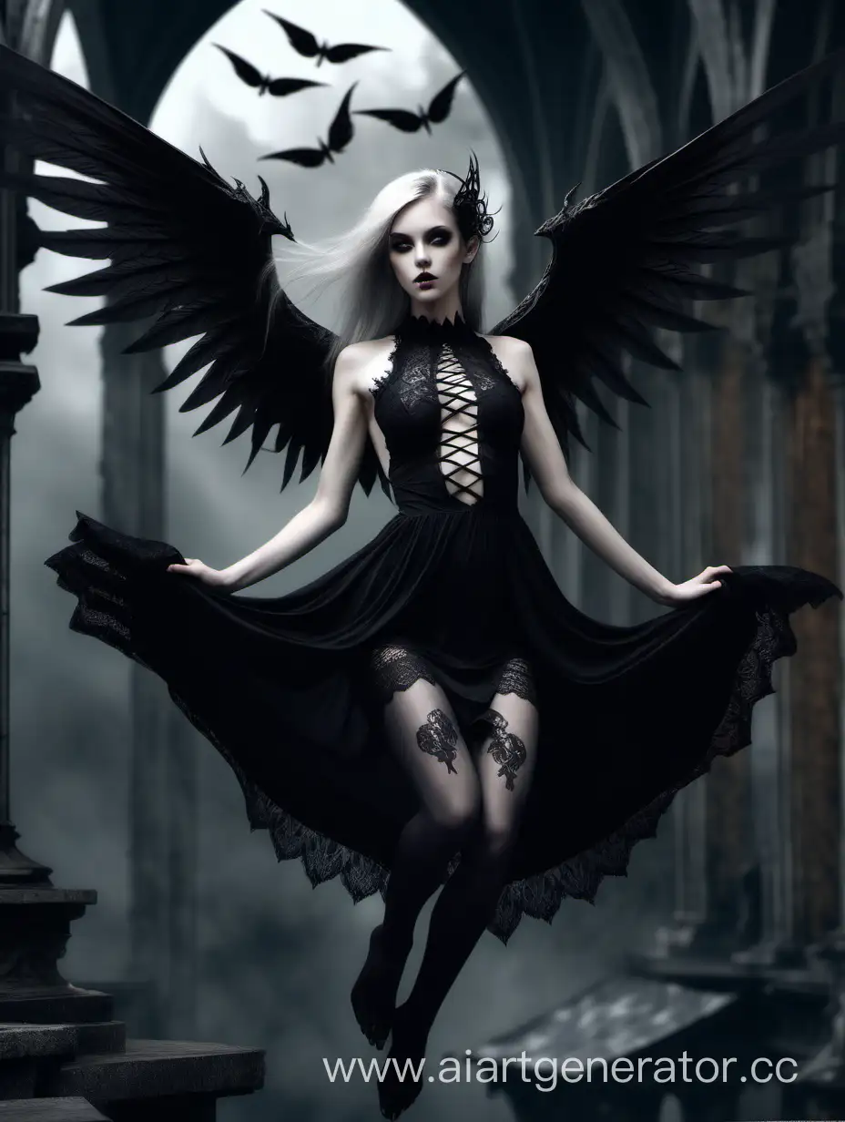 Dark elf sorceress, wings of a fallen angel on her back, ashen hair, high fashion, black lace dress in Gothic style, black stockings, fantasy, high detail of the female body, floating in the air, clear focus, digital painting, realistic female body