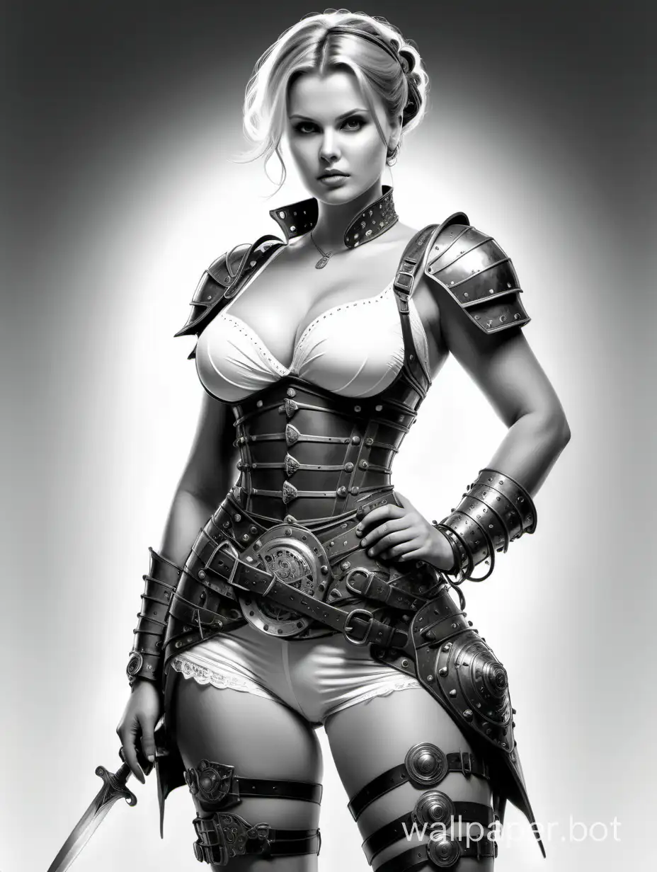 young Anna Semenovich, warrior girl, light short hair, large breasts size 4, narrow waist, wide hips, ancient armor, lingerie with rivets, shorts with a wide belt, black and white sketch, white background, steampunk style