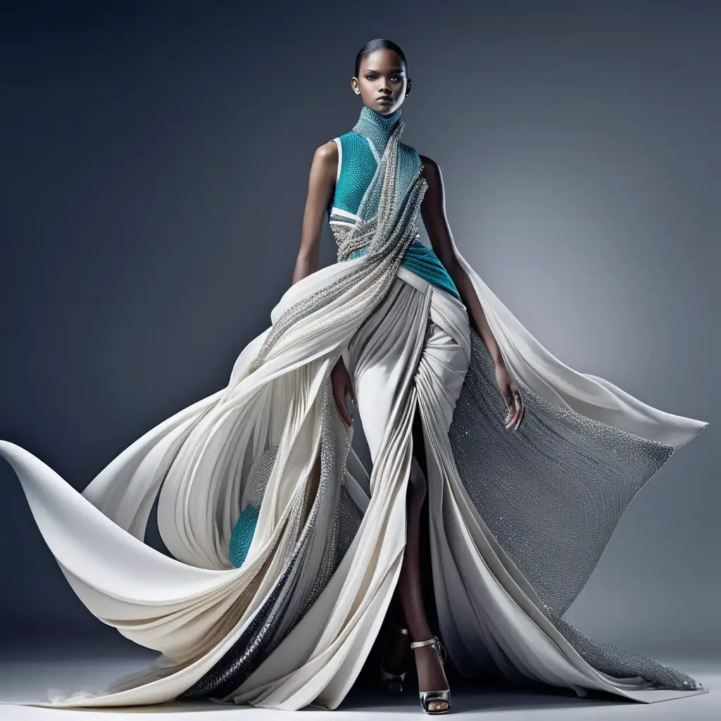 Futuristic Fashion Collection Elegance and Movement Gowns with Dynamic Colors and Luxurious Details