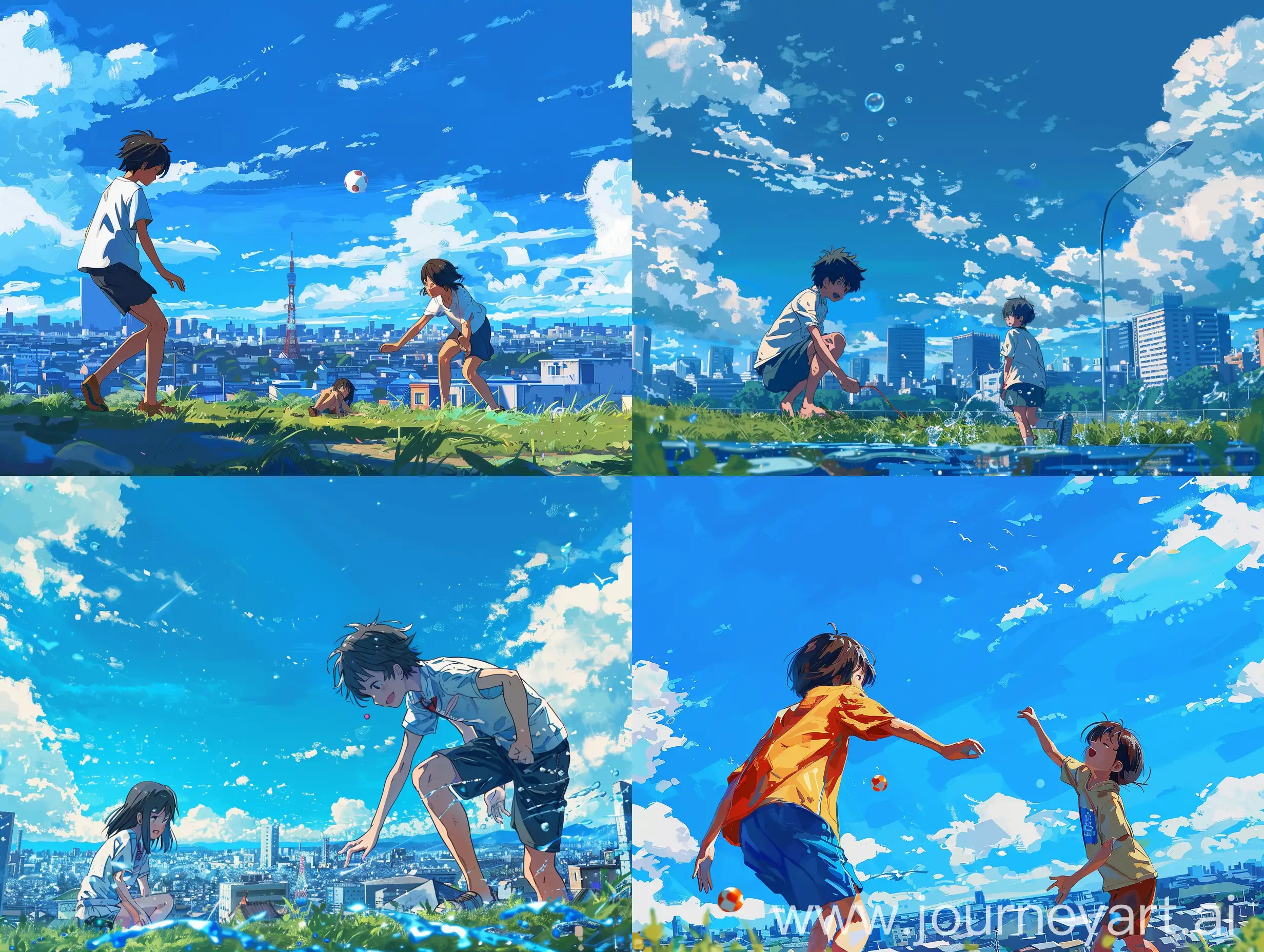 Anime, summer, background city, two teenagers, playing, style of Makoto Shinkai Byousoku 5 Centimeter, blue sky, advanced sense of color scheme, national trendy illustration, 8k, rich details,  natural lighting, minimalism