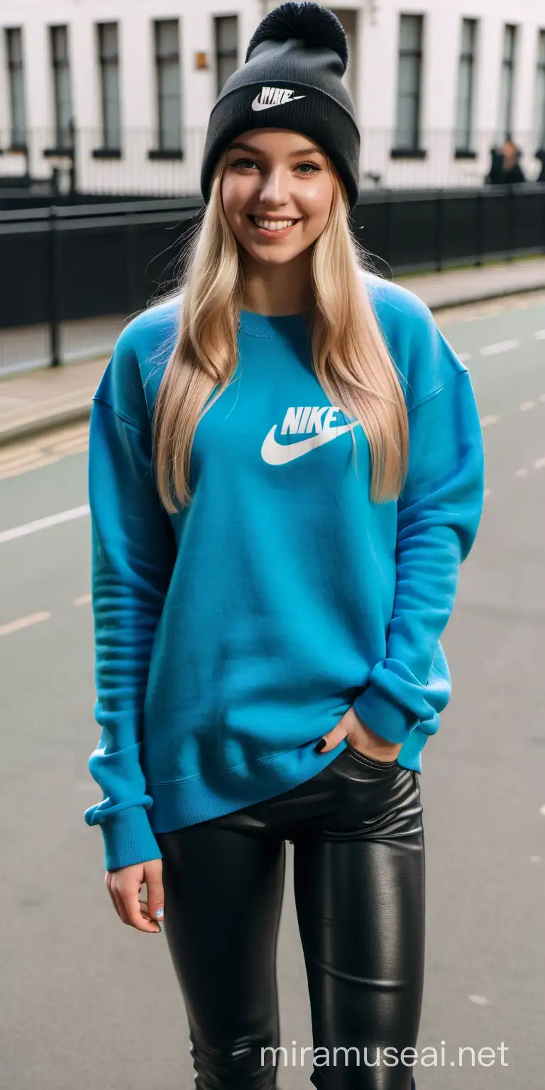 Mujer inglesa de 24 años, sonriente, cabello largo liso rubio, con beanie hip hop color negro, sudadera cuello redondo color azul, pantalón cuerina negra y zapatillas Nike,en Londres.