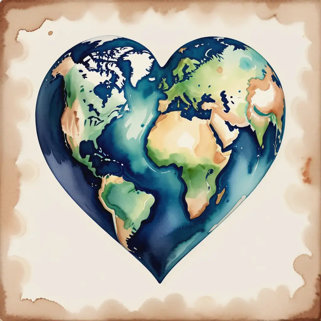 Depiction of the earth in the shape of a heart, vintage style in watercolors