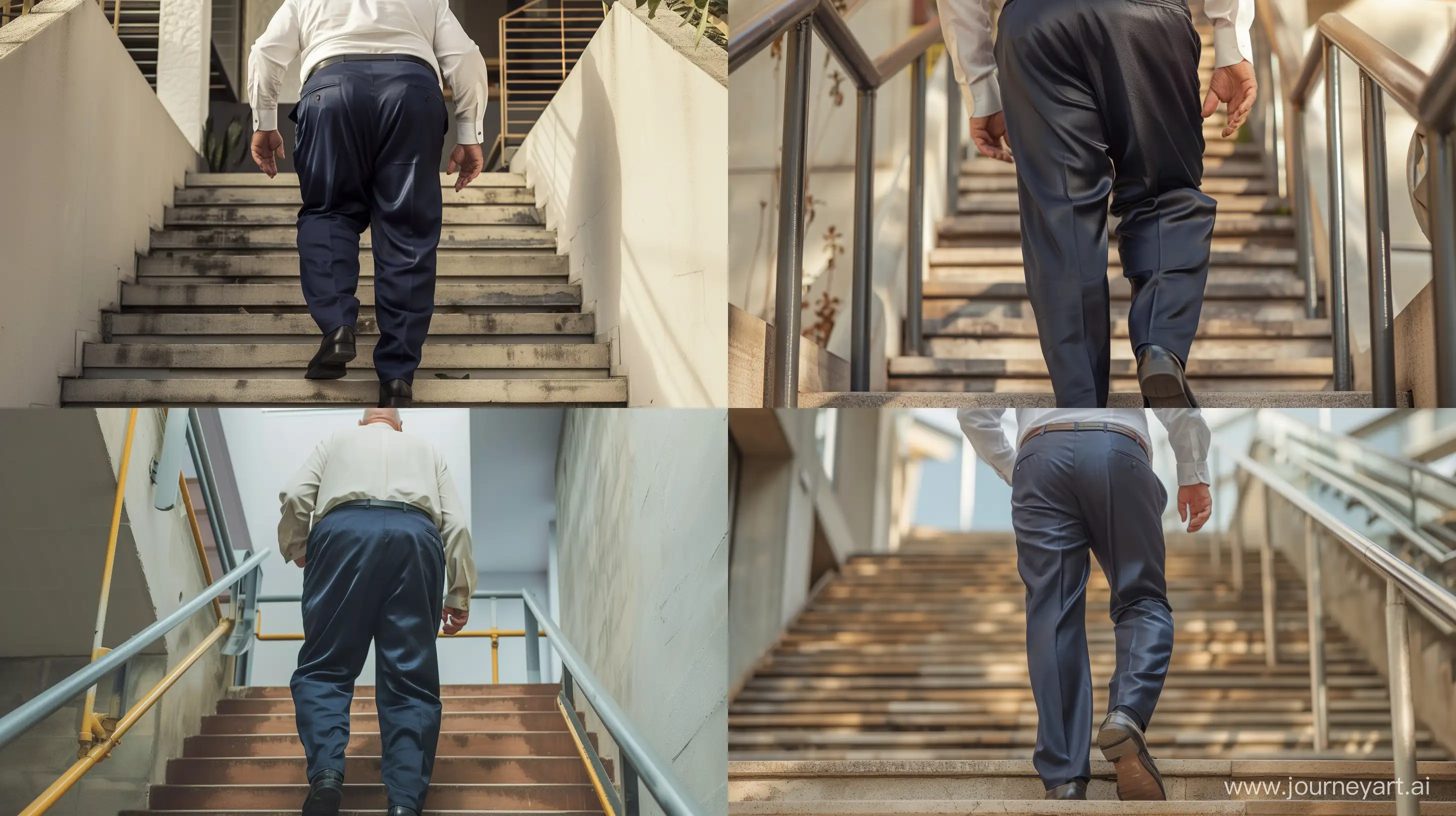 Back view low-angle short photo of a fat man aged 60 wearing a silk navy business pants and a tucked in white shirt. Climbing stairs. --style raw --ar 16:9