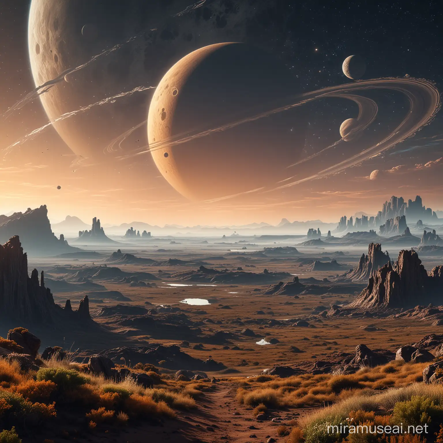 A beautiful landscape with vegetation from another planet, animals from another planet, and on the horizon a large planet with rings, like saturn and the moon next to it.