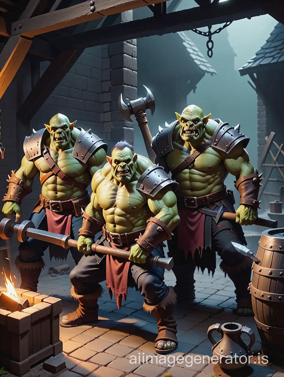 DnD undead zombie Orcs with blacksmith tools, anvil, forge, bellows. Underground dungeon theme