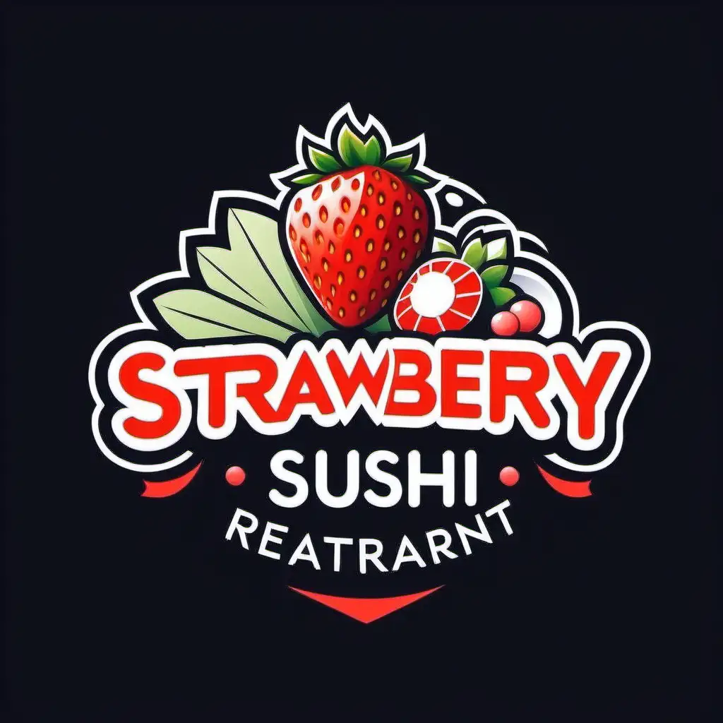 Delicious Fusion Cuisine Restaurant Logo Featuring Strawberry Sushi and Salad