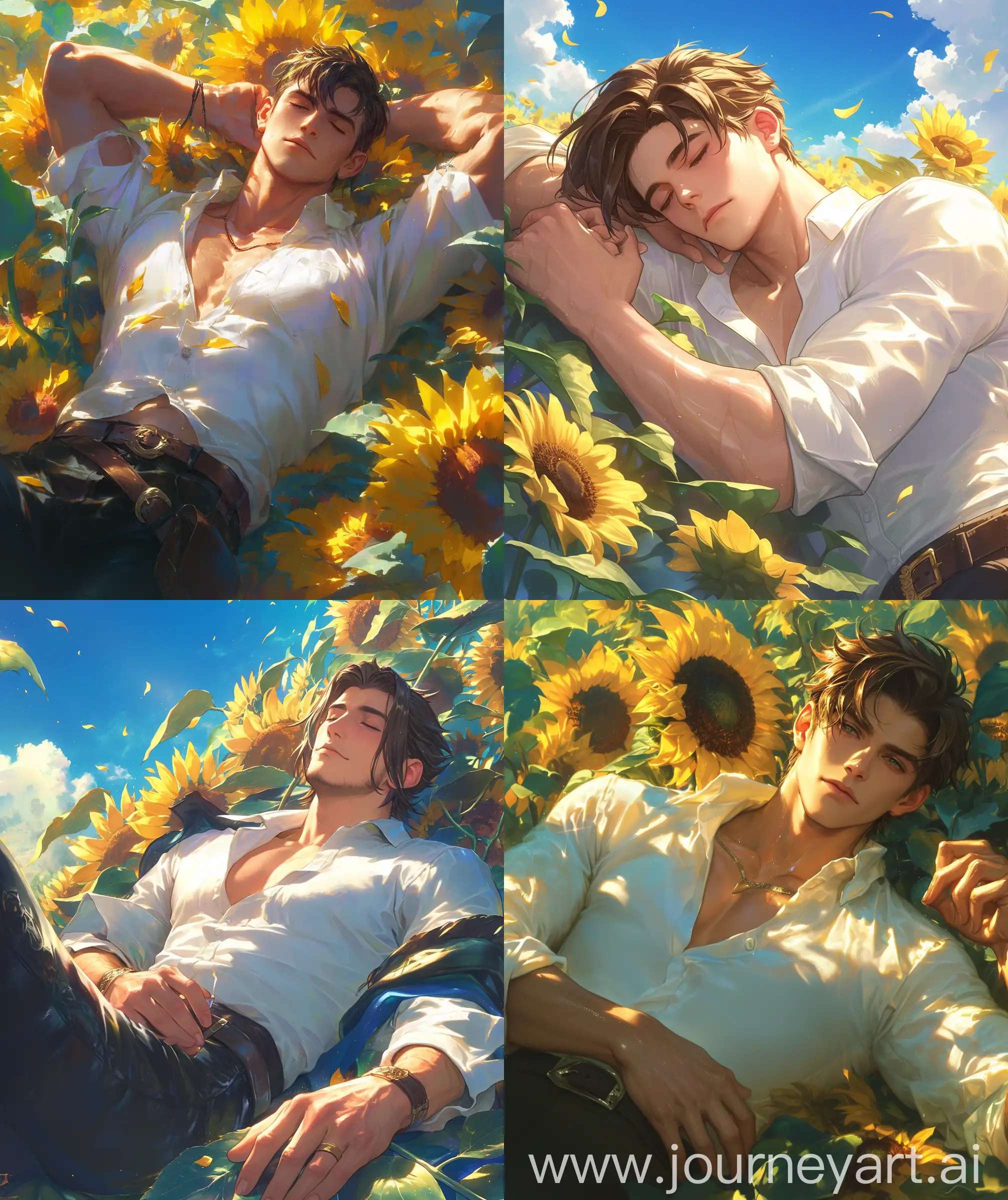 Male fantasy character, illustration, short brown hair, laying on sunflowers, pose with sunflower, calm facial expressions, white shirt, sunny weather, glossy face, fantasycore --ar 27:32 --niji 6 --s 400