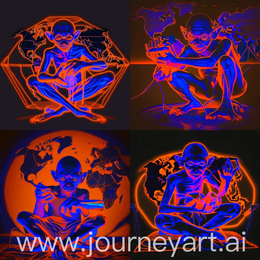 Gollum playing with the world on his hands, the world must have lines connecting the countries, use orange and blue neon colors