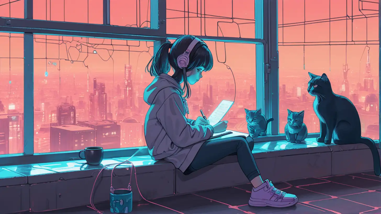 Lofi Girl Writing by Cyberpunk Window with Cat in Dystopian Future