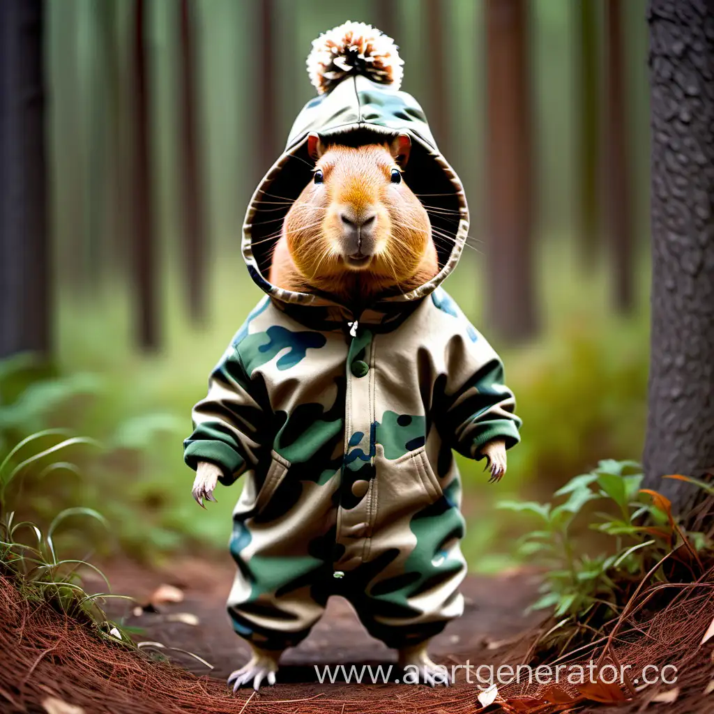 capibara one in the forest dressed in a camouflage cozy jumpsuit and a hat with a pompom