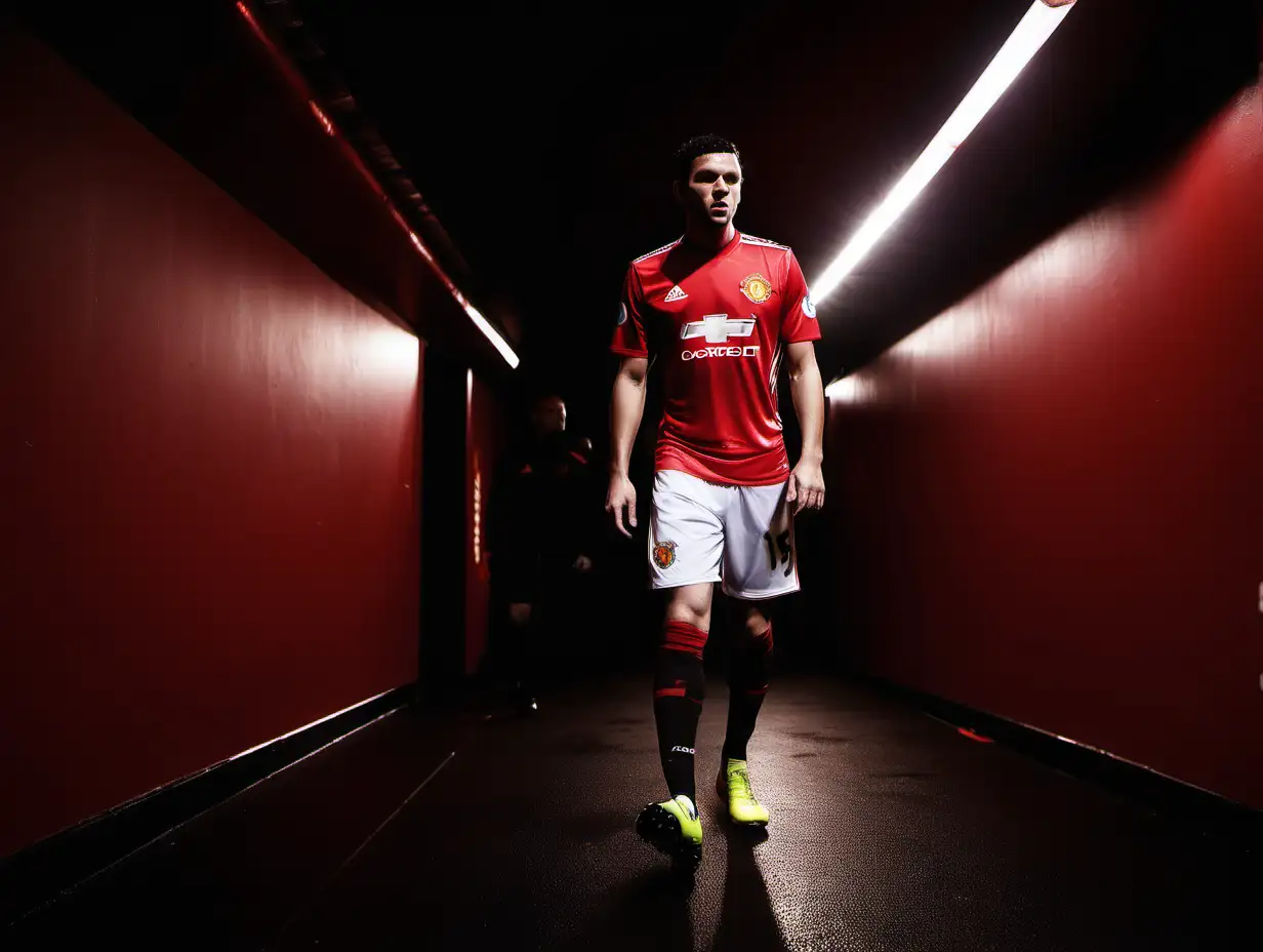 Manchester united player walking, red Manchester united tunnel, red 
walls, led lighting, dramatic lighting, lit from the front, dark in the back, shot from low angle. Black floor