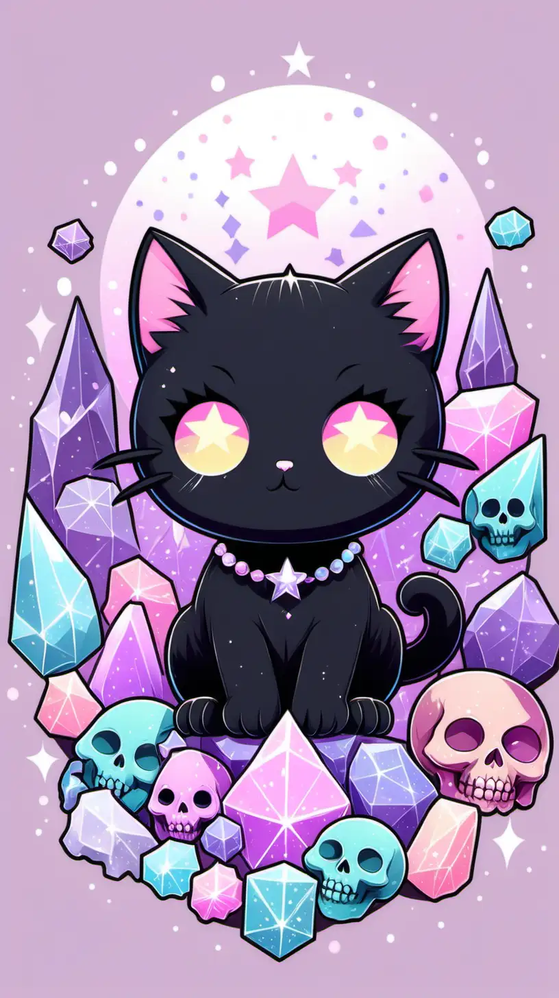 STYLE: flat vector illustration | SUBJECT: cute black cat and a skull surronded by crystals| AESTHETIC: pastel goth | COLOR PALLETTE: pastels | IN THE STYLE OF: sanrio, kawaii, chibi, little twin star — niji 5 — s 50