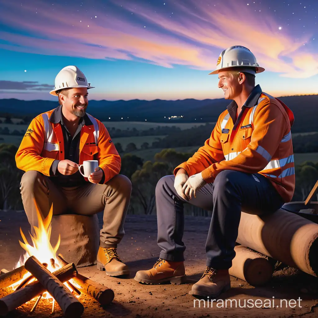 Two Tradesmen Sharing Stories by Campfire with Legends Sky