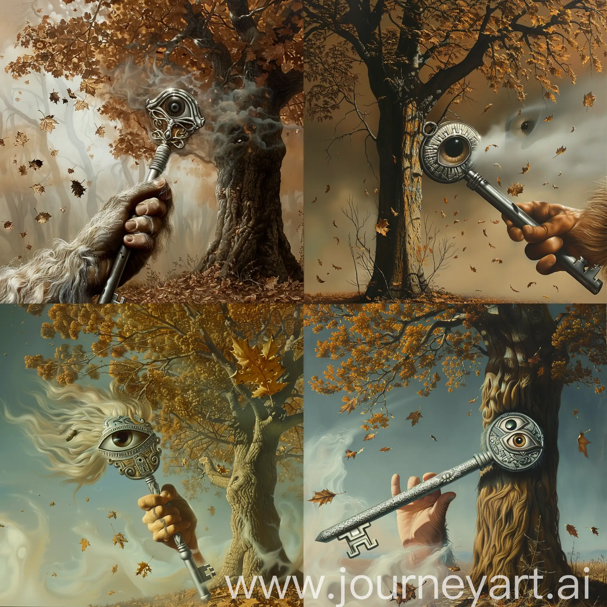 in the style of a painting by salvador dali, a hairy hand holding a huge silver key with an egyptian eye, mist is floating, in the background there is an oak tree with brown leaves falling off like it is in the autumn