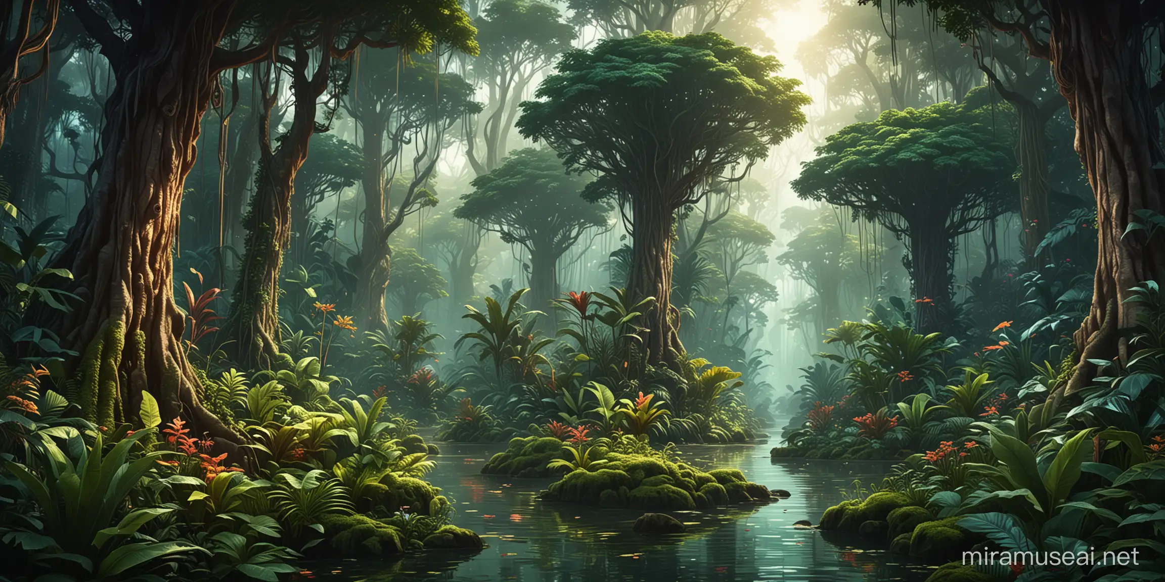 vector art inside mystical tropical fantasy forest with huge trees and mysteriouse plants