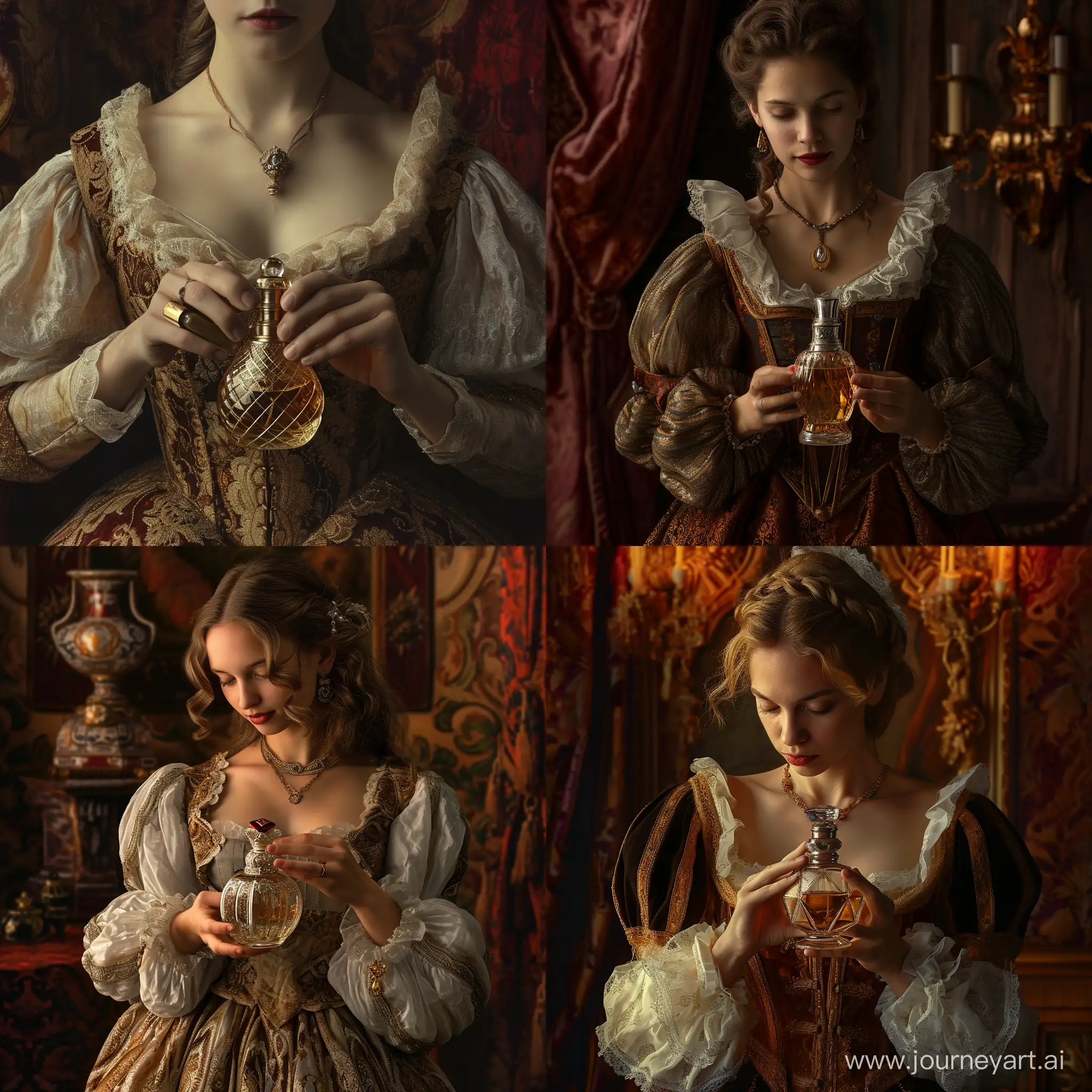 woman, 16th century, France, rich courtesan, clothes, detailed, realistic, atmospheric, that century, that history, magnificent background, holding an exquisite bottle of perfume in her hands