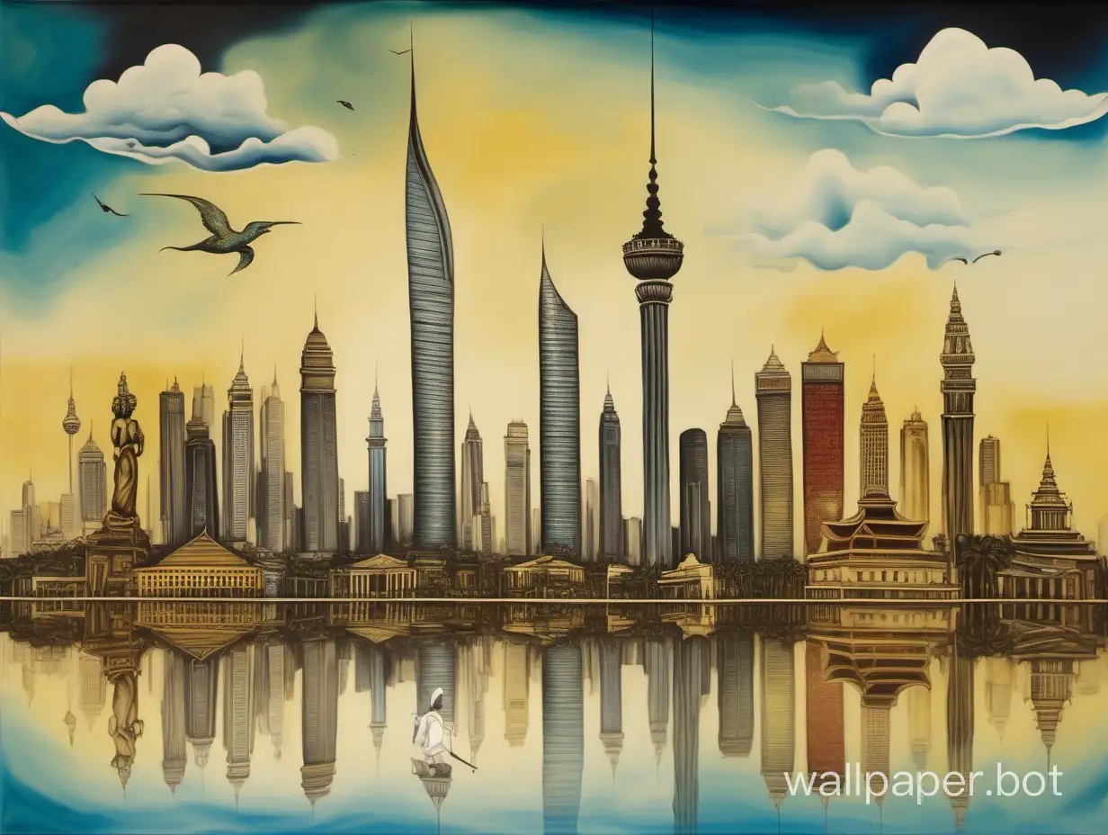 Painting of Jakarta skyline in Salvador dali style