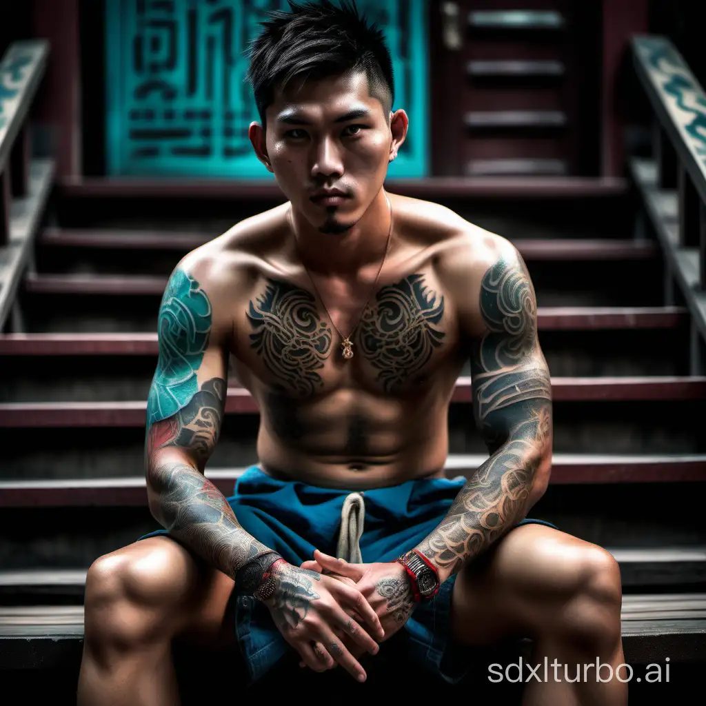 A Taiwanese man in his twenties, stalwart and handsome, with spiky haircut, clean-shaven, shirtless, tanned skin, extremely muscular, broad shoulders, thick arms, beefy pecs, and tattoos all over his body.  While a Taoist ghost head tattoo is on his left chest, the rest of his body is surrounded by intricate dragon and phoenix tattoos, imbued with deep religious meaning.  Wearing red shorts and dark brown combat boots, he sits on a wooden step against a dark black background splashed with Tiffany blue and gold ink-play paint. Aperture background blur, cinematic lights, shadows and exhaustive photorealistic.