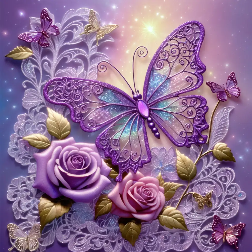 Beautiful filigree lacey butterfly with beautiful bi colored roses purple iridescent glitter, glowing, transparent, sparklecore, Thomas Kinkade
