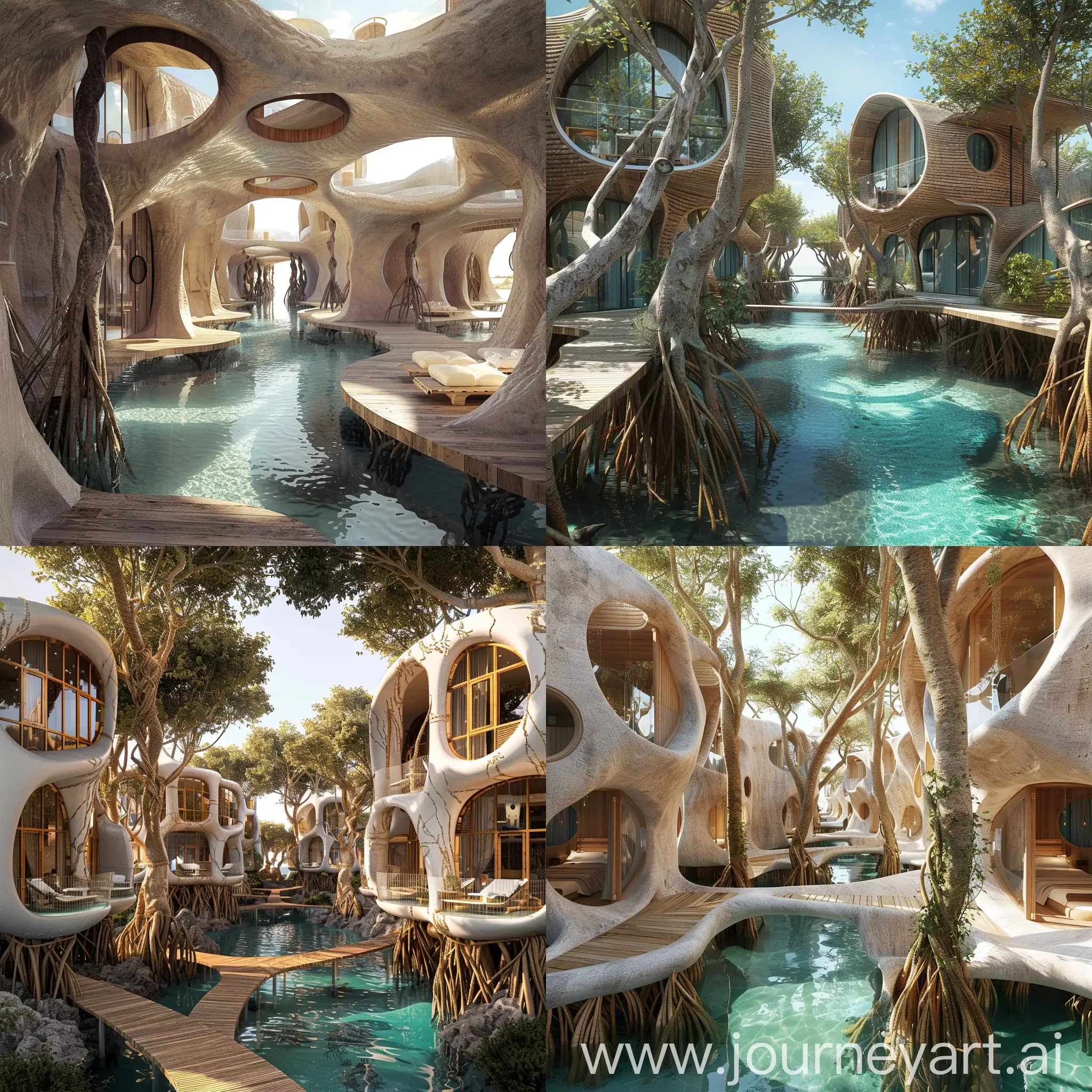 generate an image by Imaging a resort layout where the architectural design harmoniously intertwines with the natural environment of Sharm El Sheikh. The villas are constructed with flowing lines and organic shapes, reminiscent of the mangrove trees' intricate root systems. These structures are elevated on stilts, allowing guests to wander through the resort as if they're exploring a mangrove forest.

The rooms and suites of the hotel are designed with a nautical theme, featuring porthole windows and marine-inspired decor that pay homage to the SS Thistlegorm. The resort's pathways lead to a central lagoon pool, mirroring the tranquil waters found among mangroves, and the pool area is adorned with reclaimed wood and metal pieces, evoking the shipwreck's rustic charm.

Sustainability is at the heart of the resort's ethos, with solar panels integrated into the design and water recycling systems that reflect the self-sustaining nature of mangrove ecosystems. The resort also offers diving excursions to the actual SS Thistlegorm wreck, providing an authentic connection to the historical inspiration behind its conception. 

This resort isn't just a place to stay; it's an immersive experience that celebrates the beauty of Sharm El Sheikh's natural and historical treasures. 🌊🌴🚢