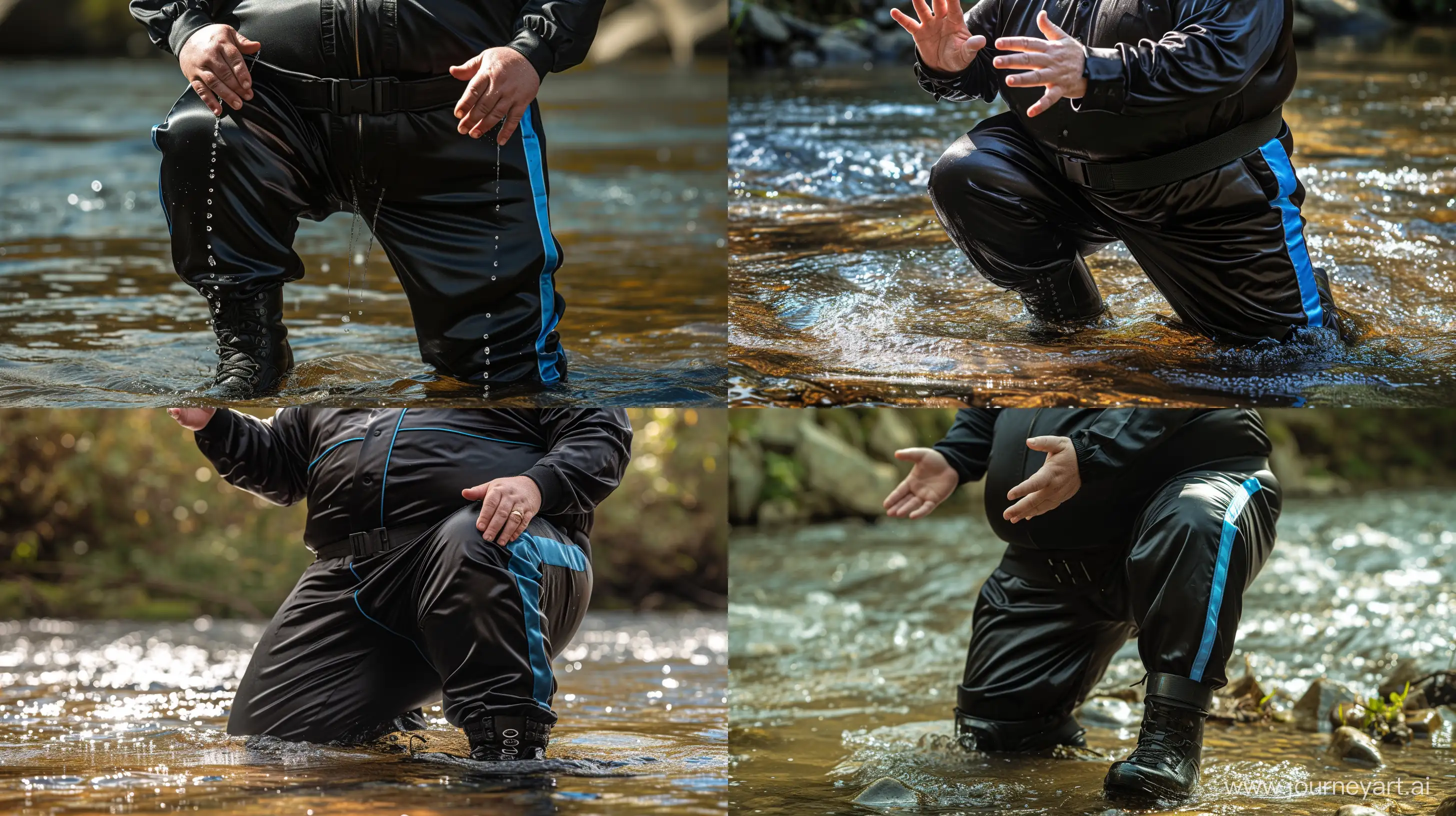 Front view close-up photo of a fat man aged 60 wearing a silk black tracksuit with a blue stripe on the pants kneeling with his hands up in the water. Black Tactical Boots and Belt. Natural Light. River. --style raw --ar 16:9