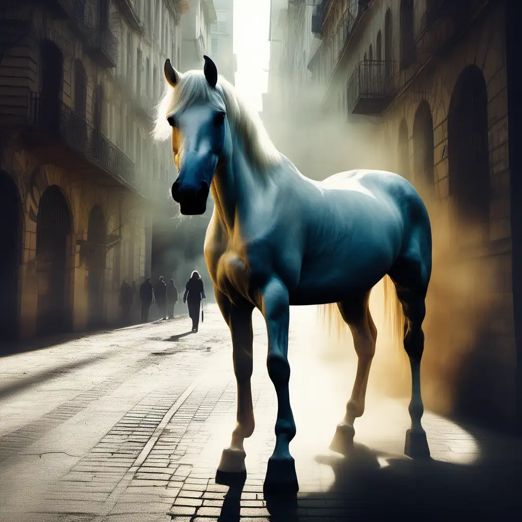 A composition that are psychologically charged, using light and shadow to add depth and drama, a city perspective, a white horse is being painted in different colors, cinematic style 
