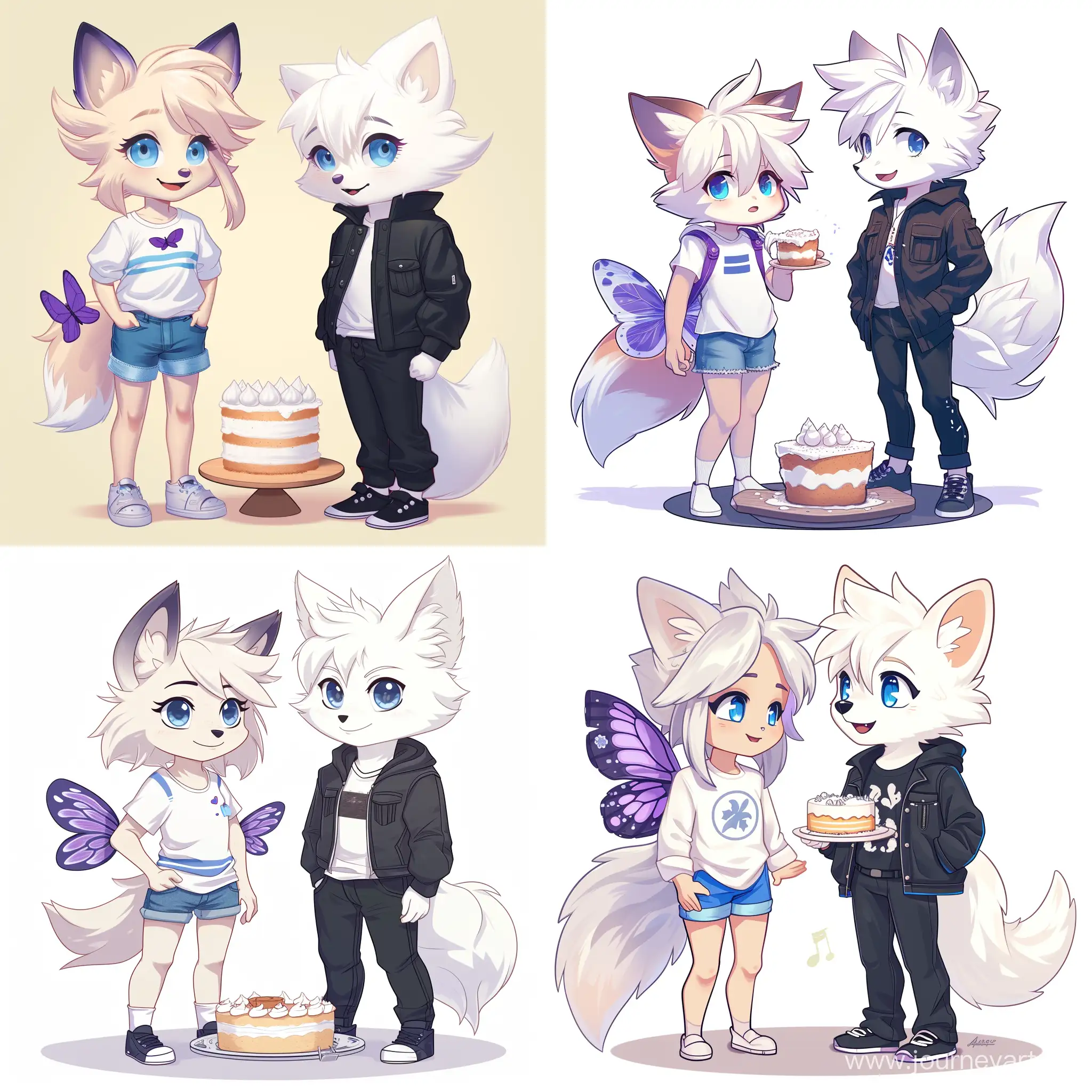 Character 1 : A cartoon furry anthropomorphic fox girl with small purple butterfly wings, blue eyes, she wears a white T-shirt with two blue stripes and short denim shorts. 
Character 2: Anthropomorphic furry cartoon white fox boy, he is wearing a black jacket and black trousers

They are best friends and they cooking cake! --v 6 --ar 1:1 --no 22523