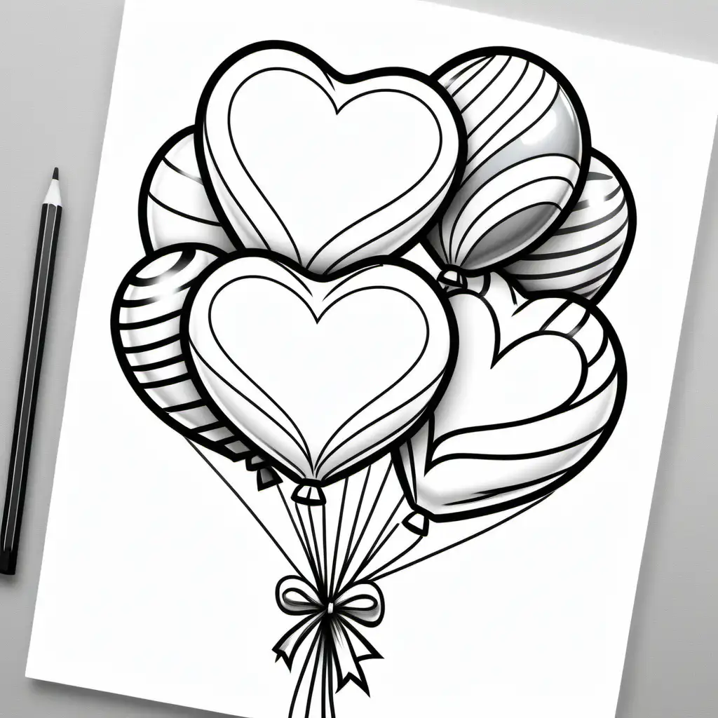 /imagine coloring pages for kids, Valentine's Day balloon bouquet, cartoon style, thick lines, low detail, no shading, black and white - - ar 85:110