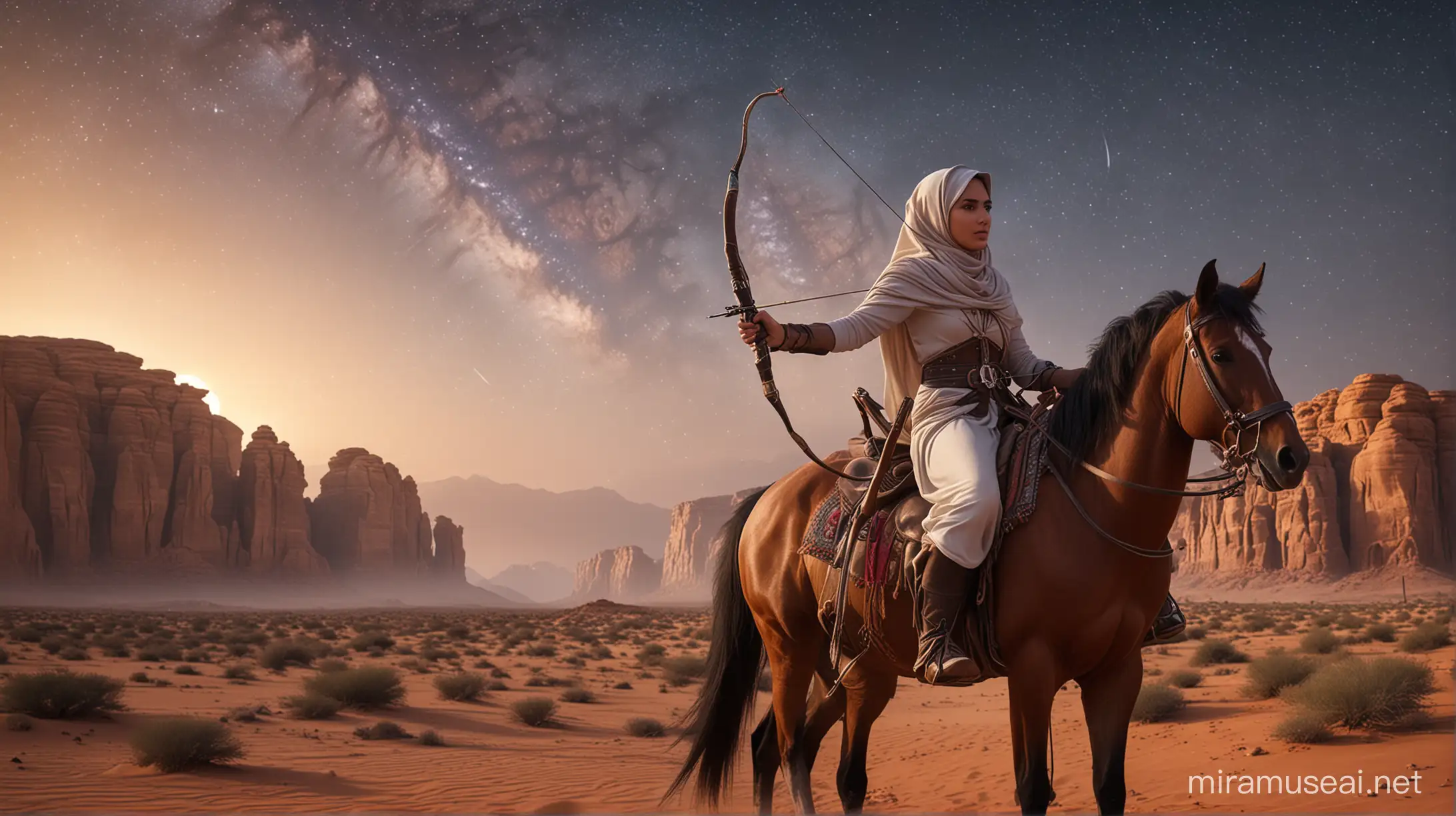 An arabic woman wearing hijab riding horse with archery in her back, vibrant, majestic landscape of desert in with petra build  site background, milky way,  beautiful sky and star. heroin vibe character, realistic, illustration, ultra detailed for everything, high quality, render, stable diffusion, beautiful vibrannce palette colors, full shot distance view, photography style, --ar 9:11